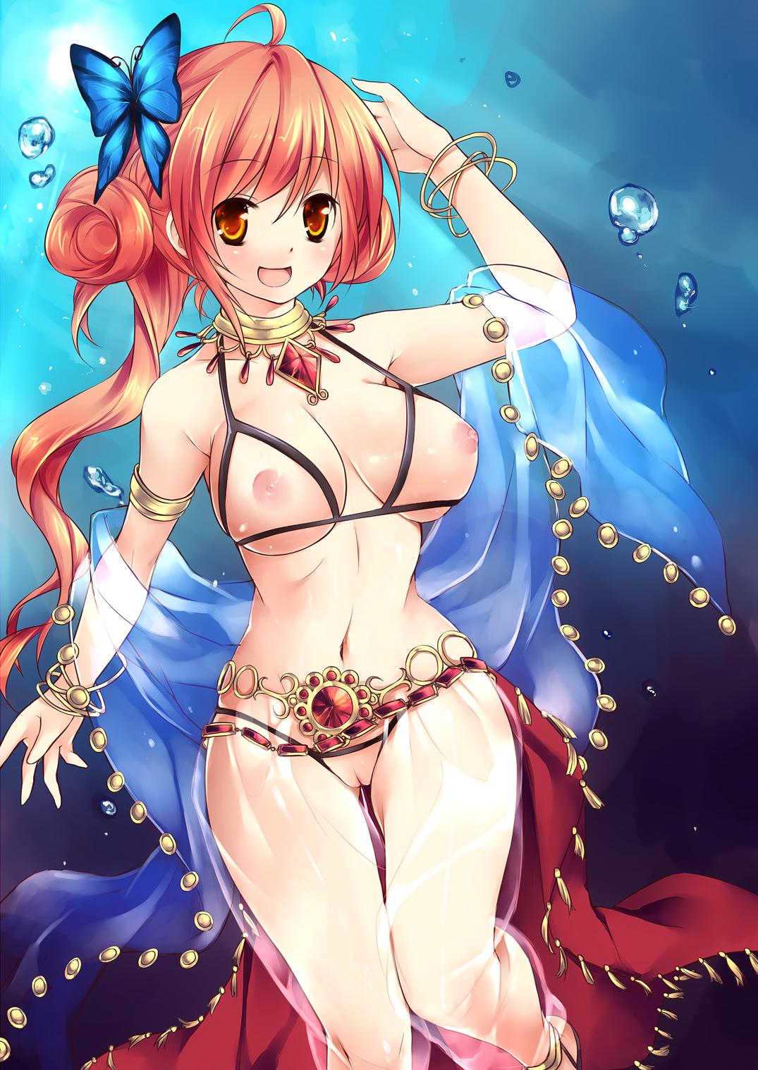 ahoge arabian_clothes arm_up armlet bare_shoulders blush bracelet breastless_clothes breastless_clothing breasts brown_hair bubble butterfly_hair_ornament chain_belt choker cleavage crotchless_panties dancer_(ragnarok_online) female female_only hair_bun hair_ornament harem_outfit highres jewelry long_hair navel necklace nipples orange_eyes pussy ragnarok_online see-through shawl solo soraishinya thigh_gap thighs uncensored underwater