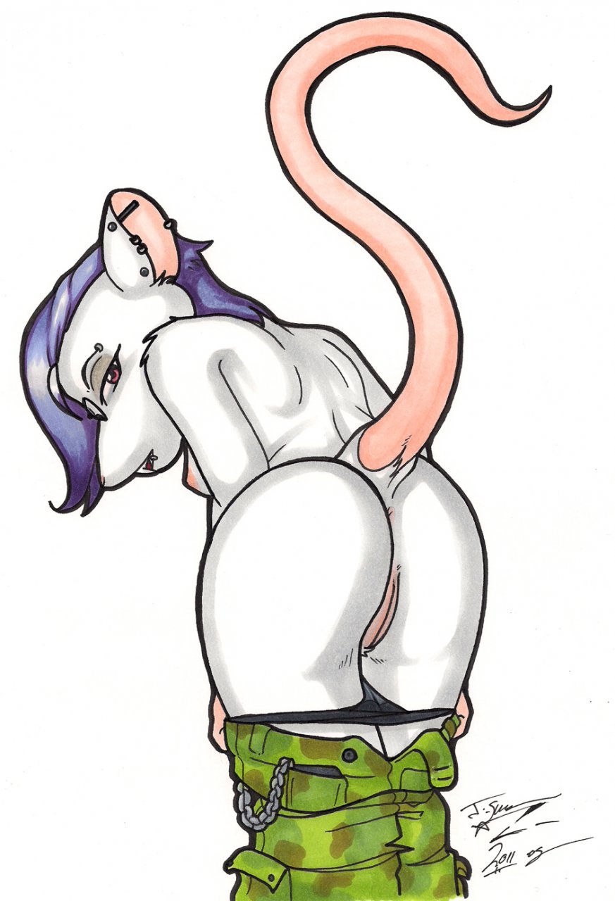 2011 anthro anus bent_over breasts brow_piercing clothing ear_piercing earring facial_piercing female furry joshua_frinkle lip_piercing looking_back nude panties panties_down pants pants_down piercing presenting pussy rat rodent sideboob solo underwear white_fur