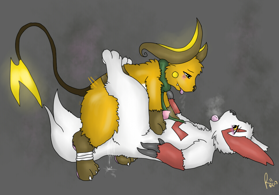 anal blush cum furry gay male nintendo no_humans penis pokemon pokemon_(species) raichu razile scarf simple_background teeth tongue zangoose