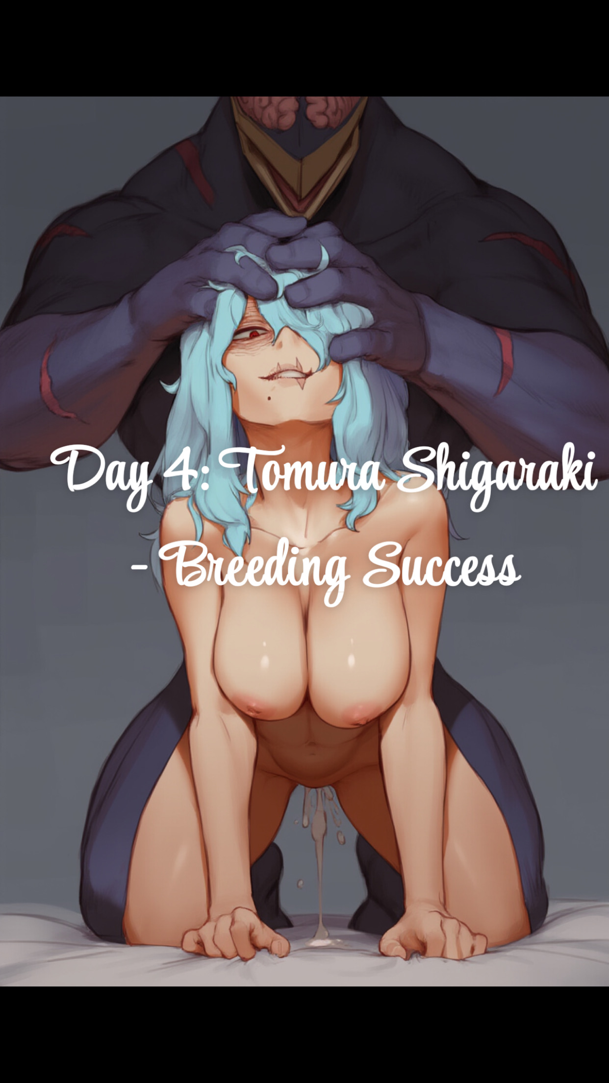 ai generated, all fours, boku no hero academia, breeding, breeding slave, cum, cum in pussy, cum inside, doggy style, female, female shigaraki, genderswap, genderswap (mtf), holding head, impregnation, leaking cum, my hero academia, nomu, nullificater, on bed, one eye obstructed, pussy, rule 63, smirk, smug face, smug grin, text, tomura shigaraki