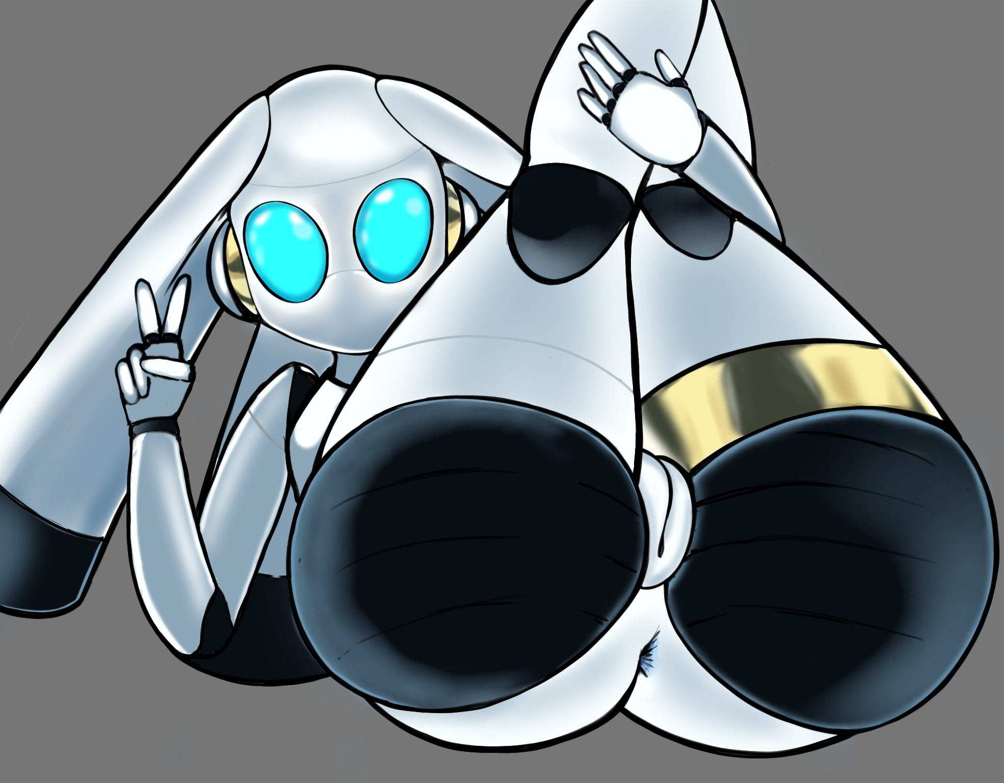 android, ass focus, blue eyes, drossel von flugel, fireball (series), glowing eyes, grabbing own legs, grey background, hummerh194, legs up, mechanical arm, mechanical leg, mechanophilia, peace sign, pussy, robot girl, robot joints, simple background, twintails