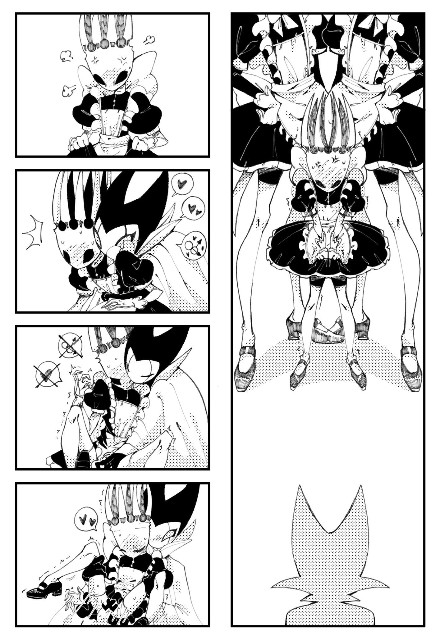 clothing, crossdressing, eyebrowless, femboy, grimm (hollow knight), hollow knight, maid outfit, male, no artist signature, no source, pale king (hollow knight), rape, sex, solid eyes