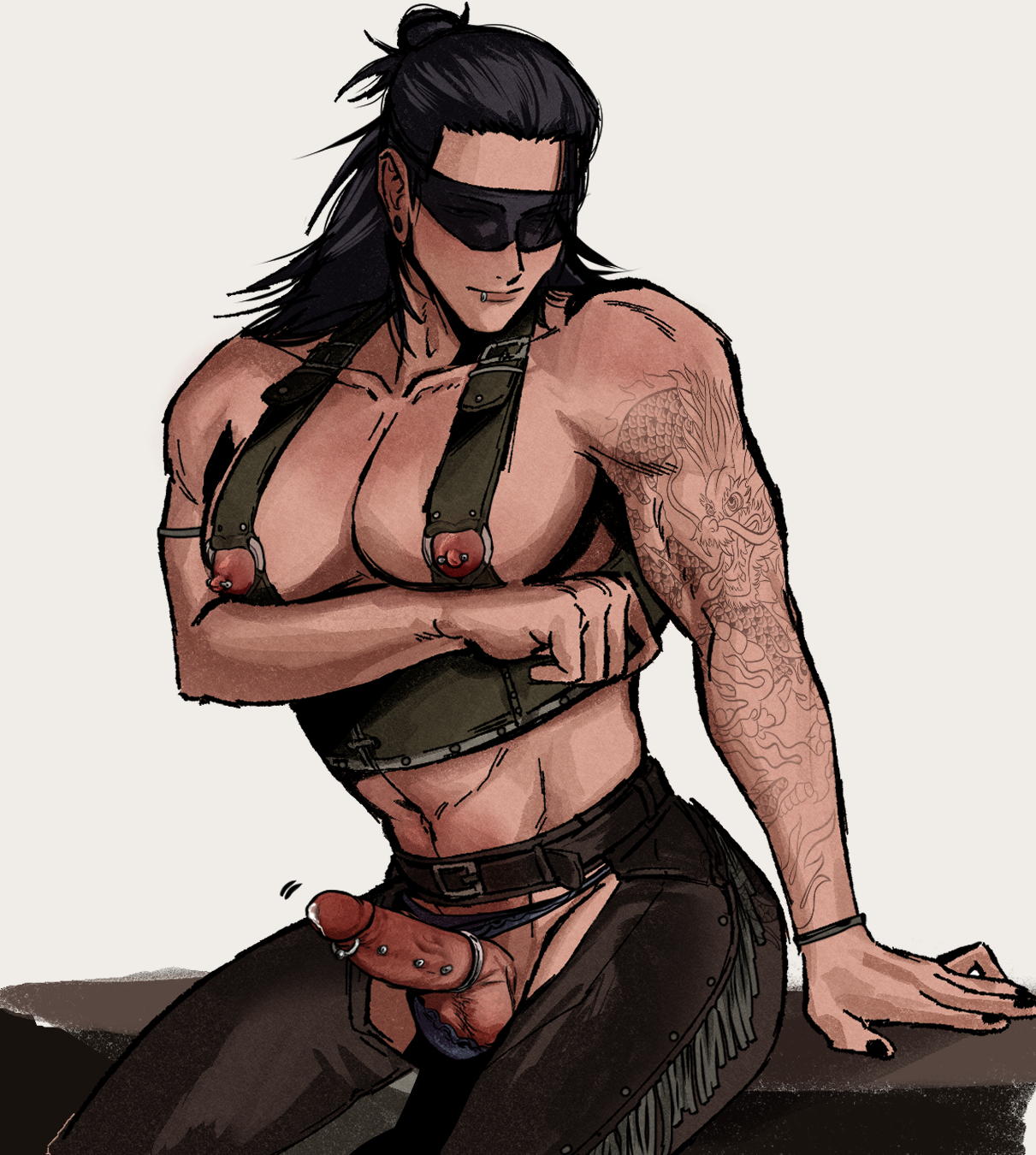 bara, big areola, big breasts, big nipples, big pecs, breasts, erection, feminine male, hard on, jujutsu kaisen, male, male only, muscular, muscular male, nipple piercing, nipples, owwllly, pierced nipples, piercing, solo male, suguru geto, tattoo, yaoi