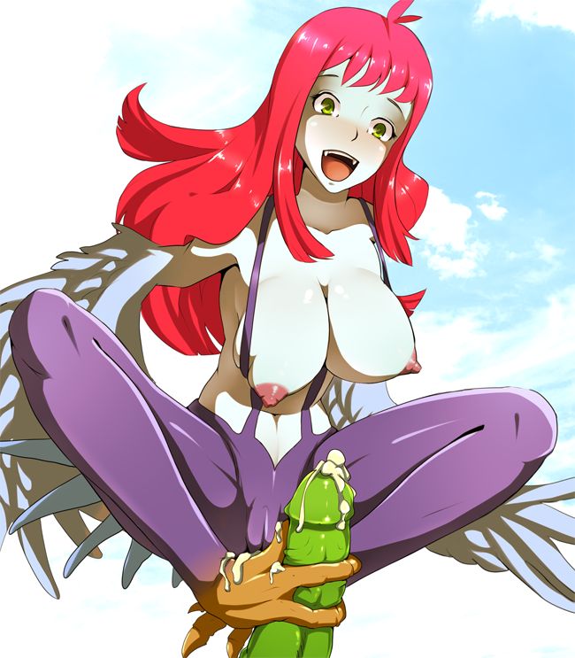 blush breasts cameltoe cum cute_fang ejaculation fangs feet footjob green_eyes harpie_lady large_breasts large_penis monster_girl nipples pale_skin penis red_hair uncensored yu-gi-oh! zerosabort