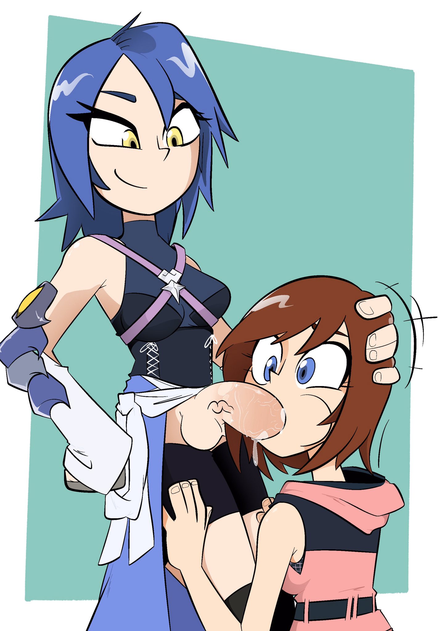 1futa, anti-aqua, aqua (kingdom hearts), big penis, blowjob, blue eyes, blue hair, cheek bulge, clothed, cum, cum in mouth, fellatio, female, futa on female, futanari, holding head, intersex, joshin, kairi, kingdom hearts, looking at partner, penis, red hair, short hair, square enix, yellow eyes