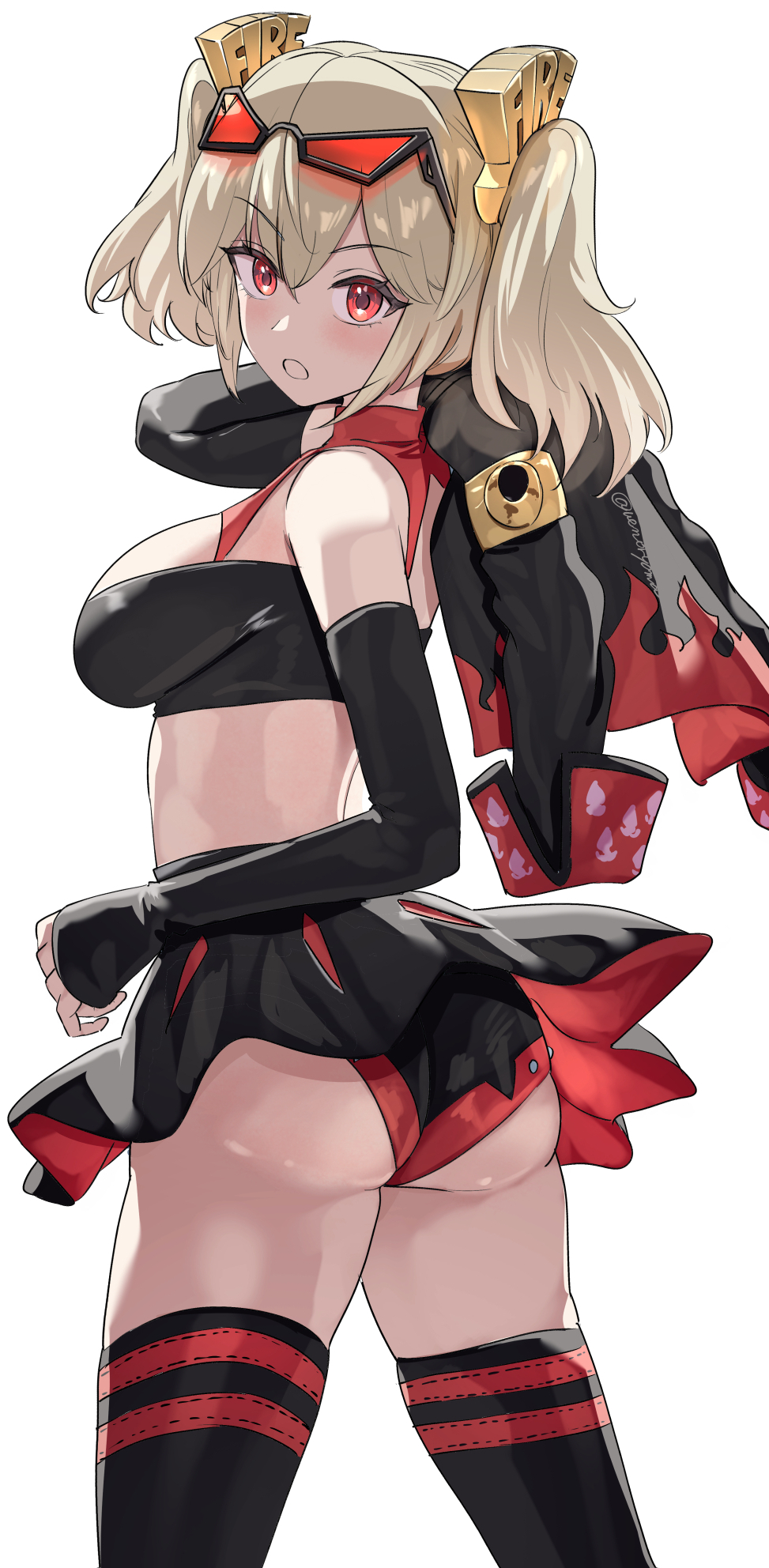 ass, bare shoulders, black jacket, black skirt, black thighhighs, blonde hair, blush, breasts, burnice white, eyewear on head, female, female only, from behind, hair ornament, highres, huge ass, jacket, looking at viewer, looking back, medium breasts, medium hair, miniskirt, open mouth, red eyes, short shorts, shorts, sideboob, simple background, skirt, solo, sunglasses, sunglasses on head, thighhighs, thighs, uenoryoma, unworn jacket, white background, zenless zone zero