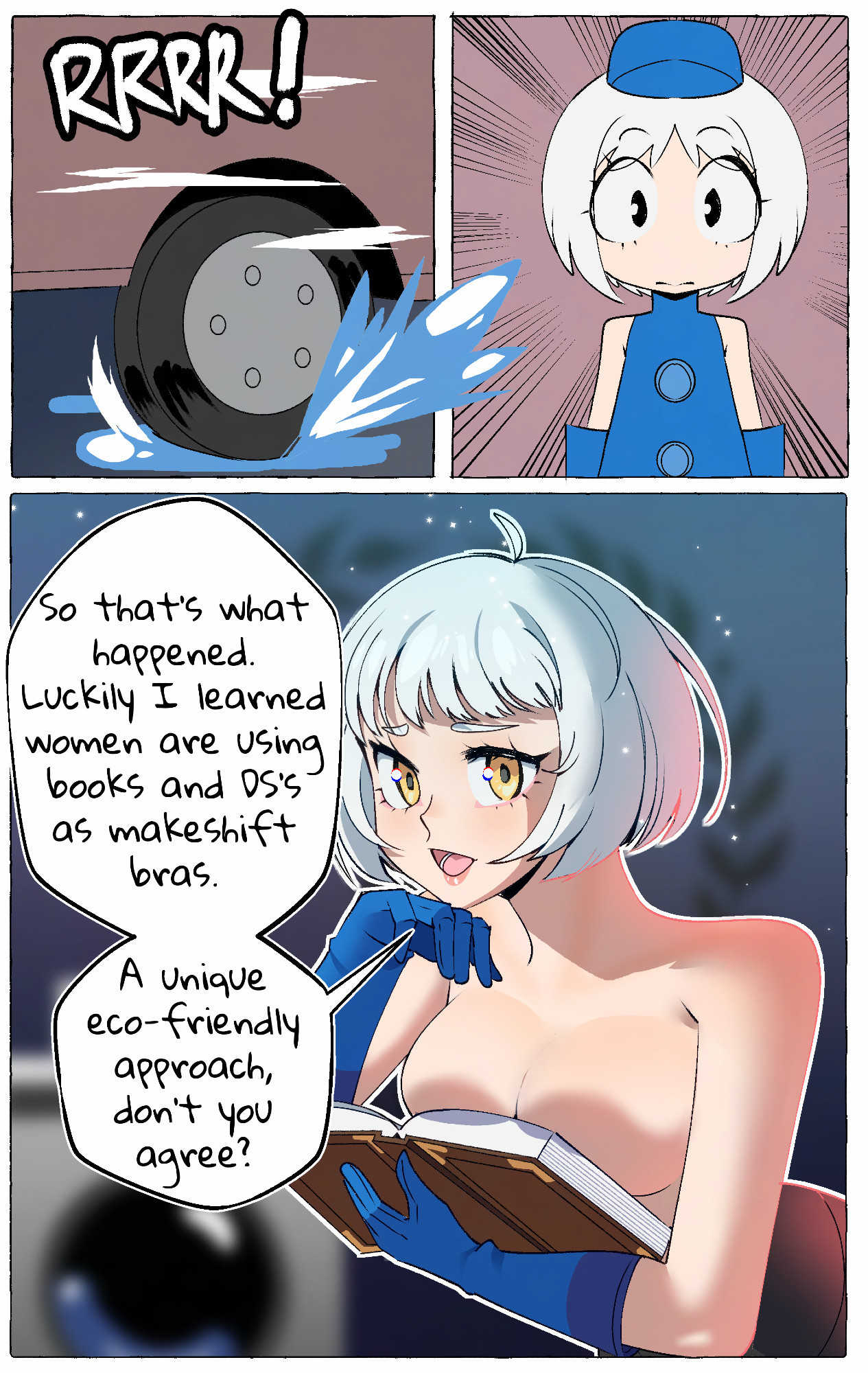 atlus, blue gloves, bob cut, book, book covering breasts, breasts, casual, cleavage, comic, covering breasts, dialogue, elizabeth (persona), female, gjh 1, gloves, handwear, handwear and footwear only, human, looking at viewer, meme, meme reference, ouch meme, pale skin, persona, persona 3, short hair, sideboob, smiling, smiling at viewer, wet, wet clothes, white hair, yellow eyes