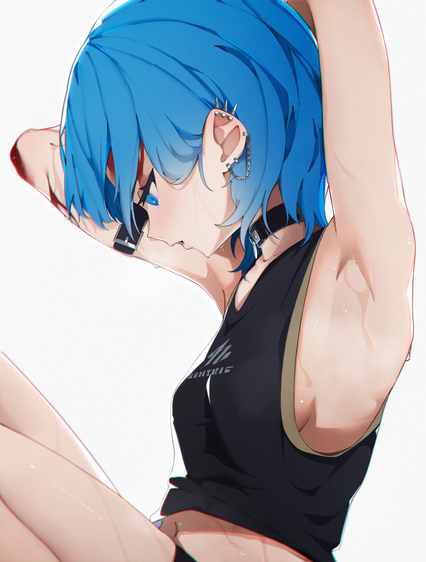 1girls, 2d, armpits, arms up, black shirt, blue eyes, blue hair, blush, breasts, choker, ear piercing, female, female only, hololive, hololive gen 0, hololive japan, hoshimachi suisei, light skin, light-skinned female, medium breasts, navel, rieko, shirt, sideboob, simple background, solo, sweat, virtual youtuber, white background