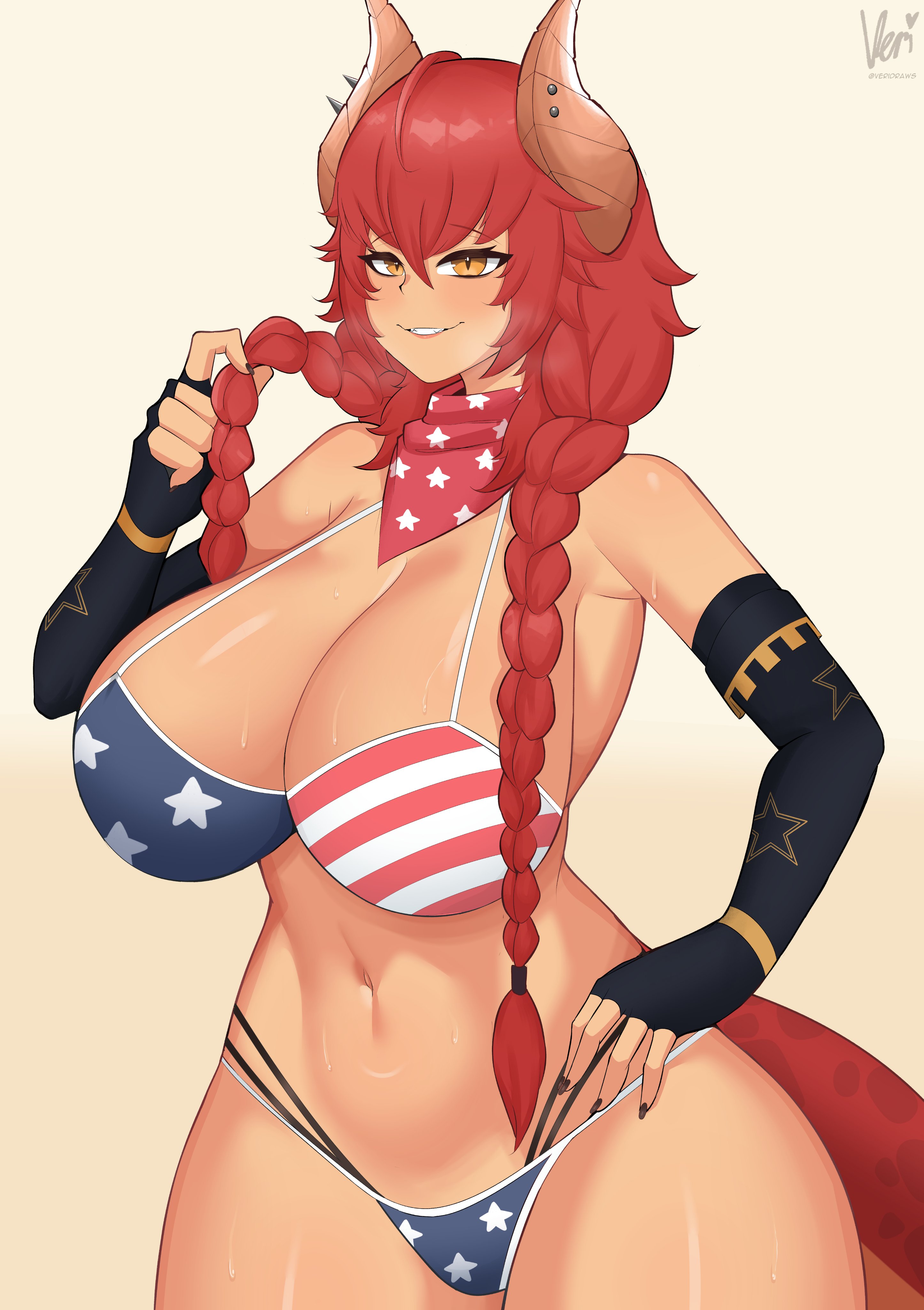 1girls, amber eyes, american flag bikini, artist name, bikini, braids, breasts, dragon girl, dragon horns, dragon tail, female, female only, flag bikini, flag print, horns, huge breasts, red hair, revi lewds, solo, standing, tan body, tan skin, tan-skinned female, twin braids, virtual youtuber, vshojo, zentreya, zentreya (cowboy bikini)