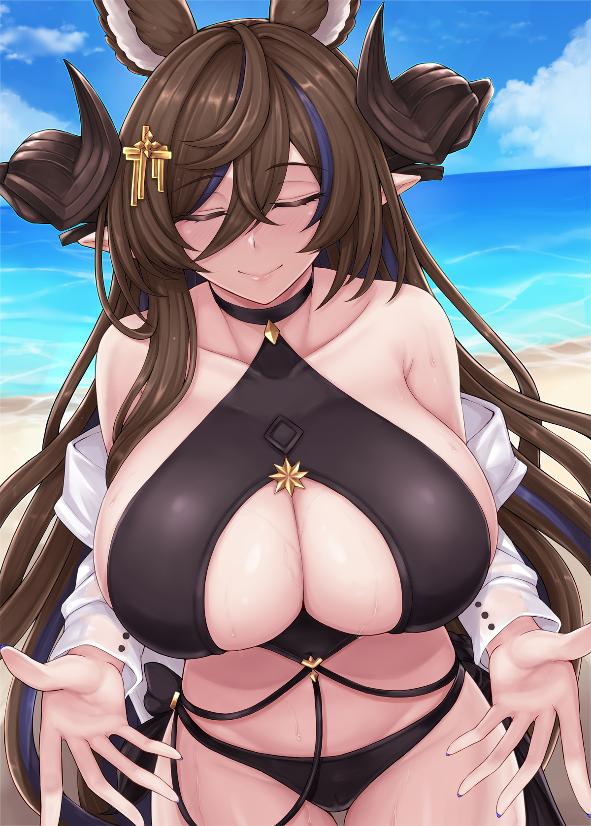 animal ears, ashima takumi, bare shoulders, beach, bikini, breasts, brown hair, cleavage, female, female only, galleon (granblue fantasy), granblue fantasy, horns, huge breasts, long hair, ocean, pointy ears, smile, solo, swimsuit