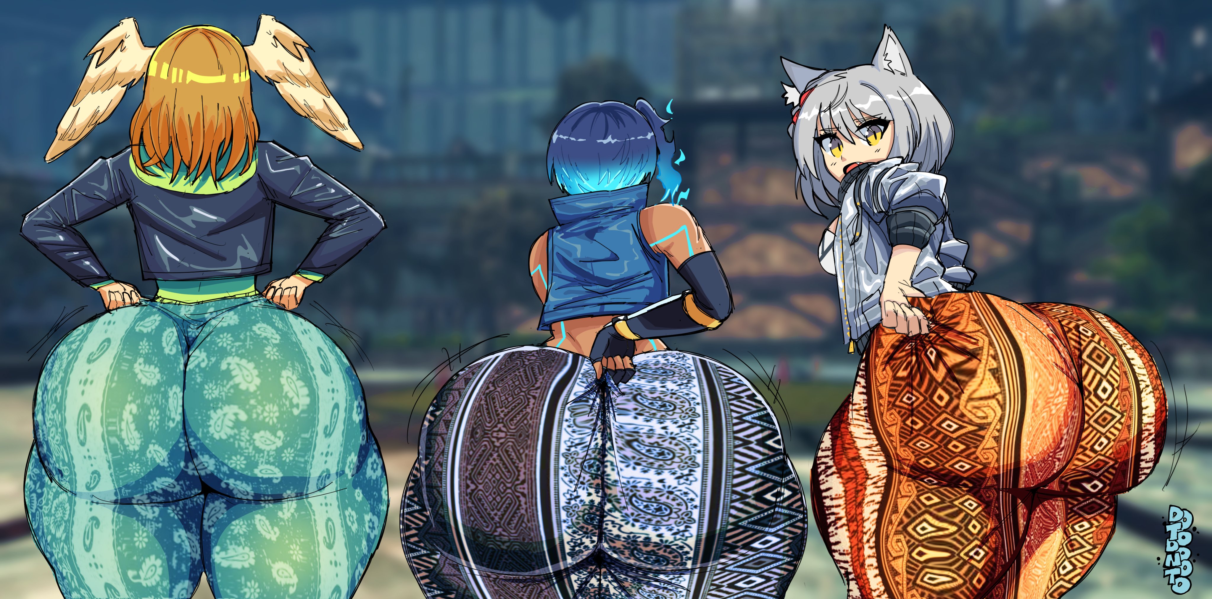 3girls, adjusting clothes, animal ears, arm gloves, armwear, ass, ass focus, big ass, blue hair, bottom heavy, breasts, brown hair, bubble ass, bubble butt, clothing, dotodonoto, eunie (xenoblade), fat ass, female, female only, fingerless gloves, flare pants, forbidden pants, gloves, gluteal fold, grey hair, head wings, huge ass, jacket, large ass, massive ass, mio (xenoblade), pants, pulling pants, rear view, sena (xenoblade), shirt, shortstack, small breasts, textless, thick ass, thick thighs, tight, tight clothing, vest, wide hips, xenoblade (series), xenoblade chronicles 3