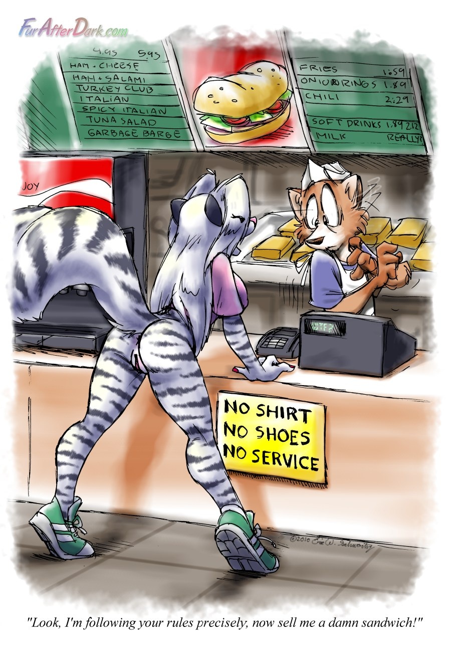 2010 anthro anus bottomless breasts clothing eric_schwartz eye_contact female food furafterdark hair long_hair looking_at_another menu pussy restaurant shoes skunk spread_legs spreading tail white_hair zig_zag