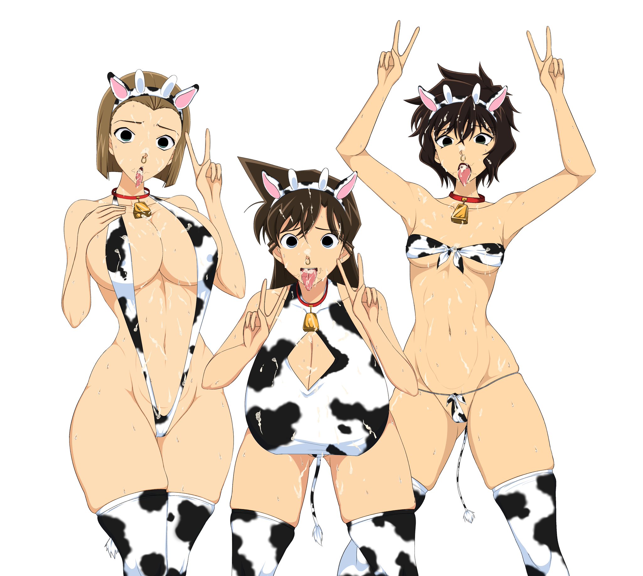 3girls, ahe gao, big breasts, bikin, breasts, cow ears, cow horns, cow print, cow print bikini, cow tail, detective conan, female, female only, huge breasts, large breasts, masumi sera, peace sign, ran mouri, shounen sunday, sihkygmojsn, sling bikini, small breasts, sonoko suzuki, teenage female, teenager, tms entertainment, tongue, tongue out