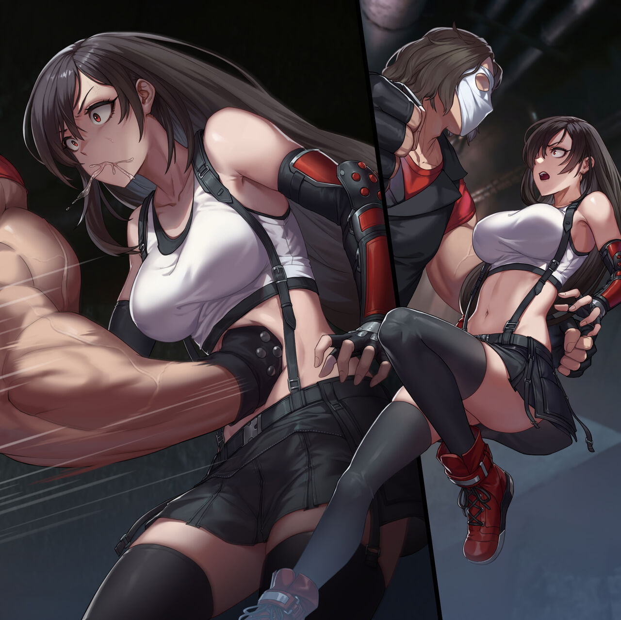 1male1female beaten belly_punch black_hair crop_top dark-skinned_male gloves gut_punch long_hair masked_male medium_breasts muscular muscular_male navel punch punching red_eyes ryona skirt tagme tifa_lockhart yan_(situyan0303)