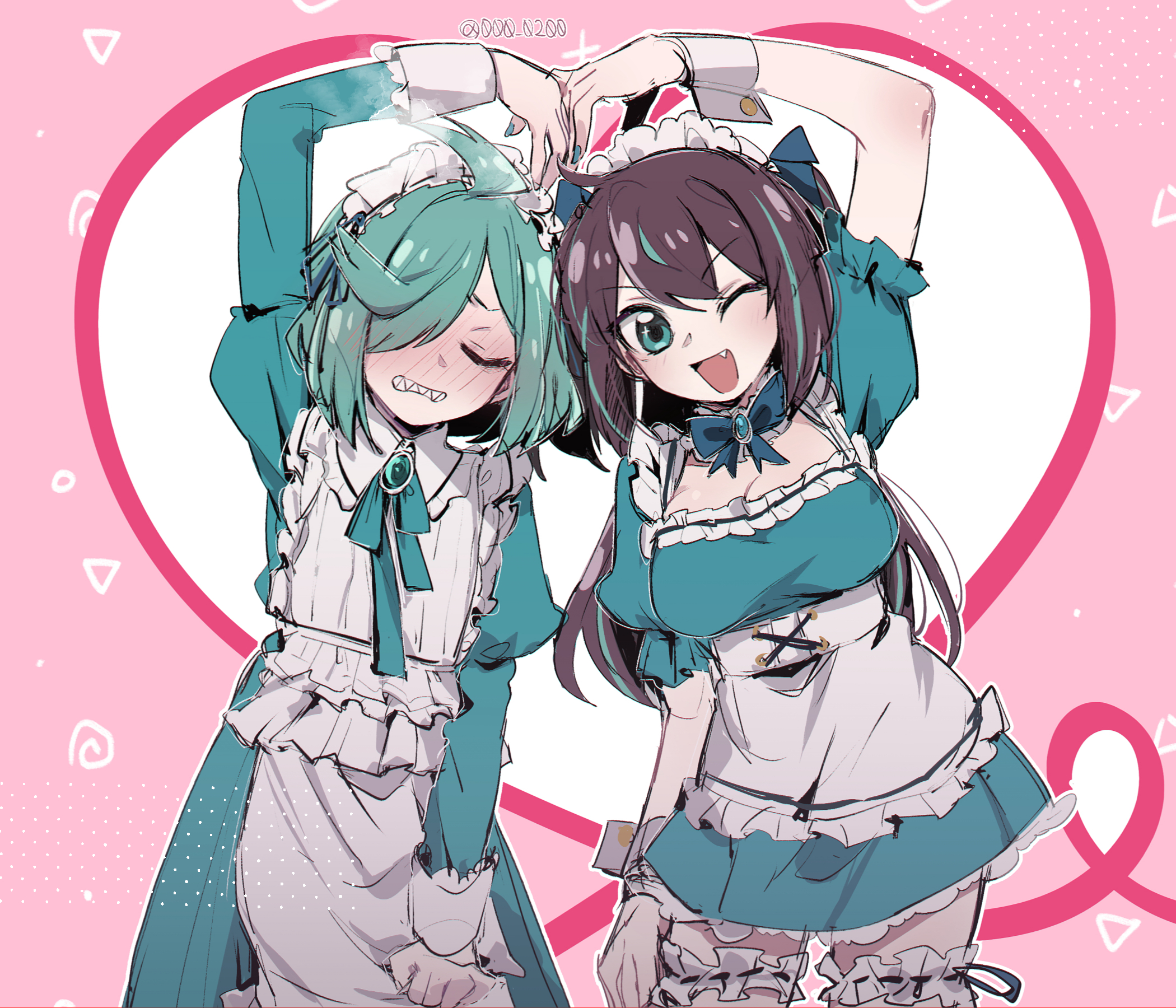 :d, 2girls, ahoge, akoya matama, an sin, anemo nemo, bangs, blue eyes, blush, breasts, brown hair, chin length hair, cleavage, closed eyes, cute fang, embarrassed, female, female only, flat chest, flat chested, frilled apron, frilled skirt, frills, green eyes, green hair, gushing over magical girls, hair over one eye, leberblume, loco musica, long hair, long skirt, mahou shoujo ni akogarete, maid, maid headdress, maid outfit, maid uniform, one eye closed, sharp teeth, short skirt, skirt, thigh strap, wink, winking, wrist cuffs