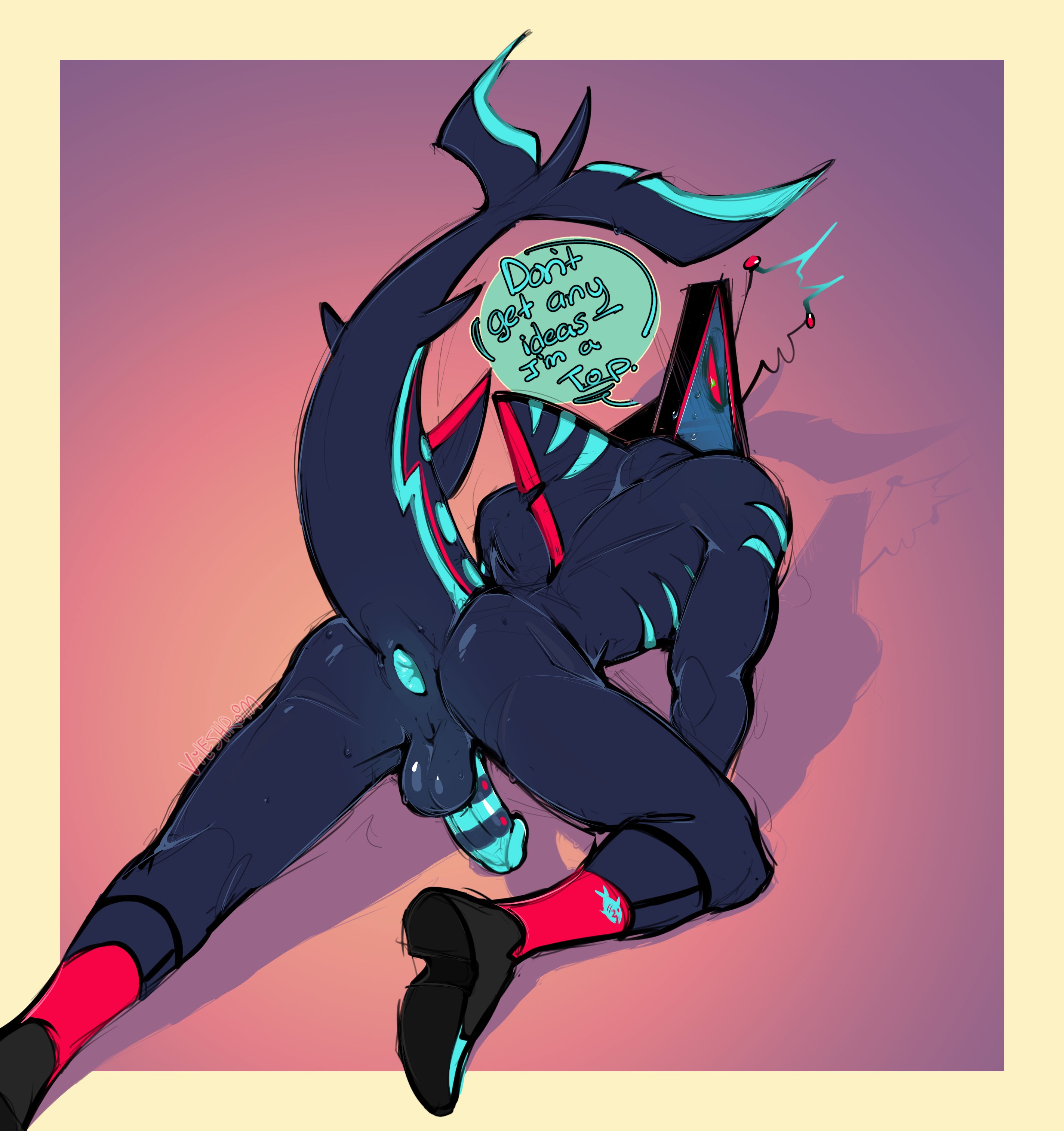1boy, anus, anus focus, ass, ass focus, backsack, bileshroom, deep penetration, dialogue, embarrassed, english text, gay, hazbin hotel, imminent sex, penis, presenting anus, presenting ass, presenting hindquarters, presenting penis, shark, shark tail, submission, vox (hazbin hotel)