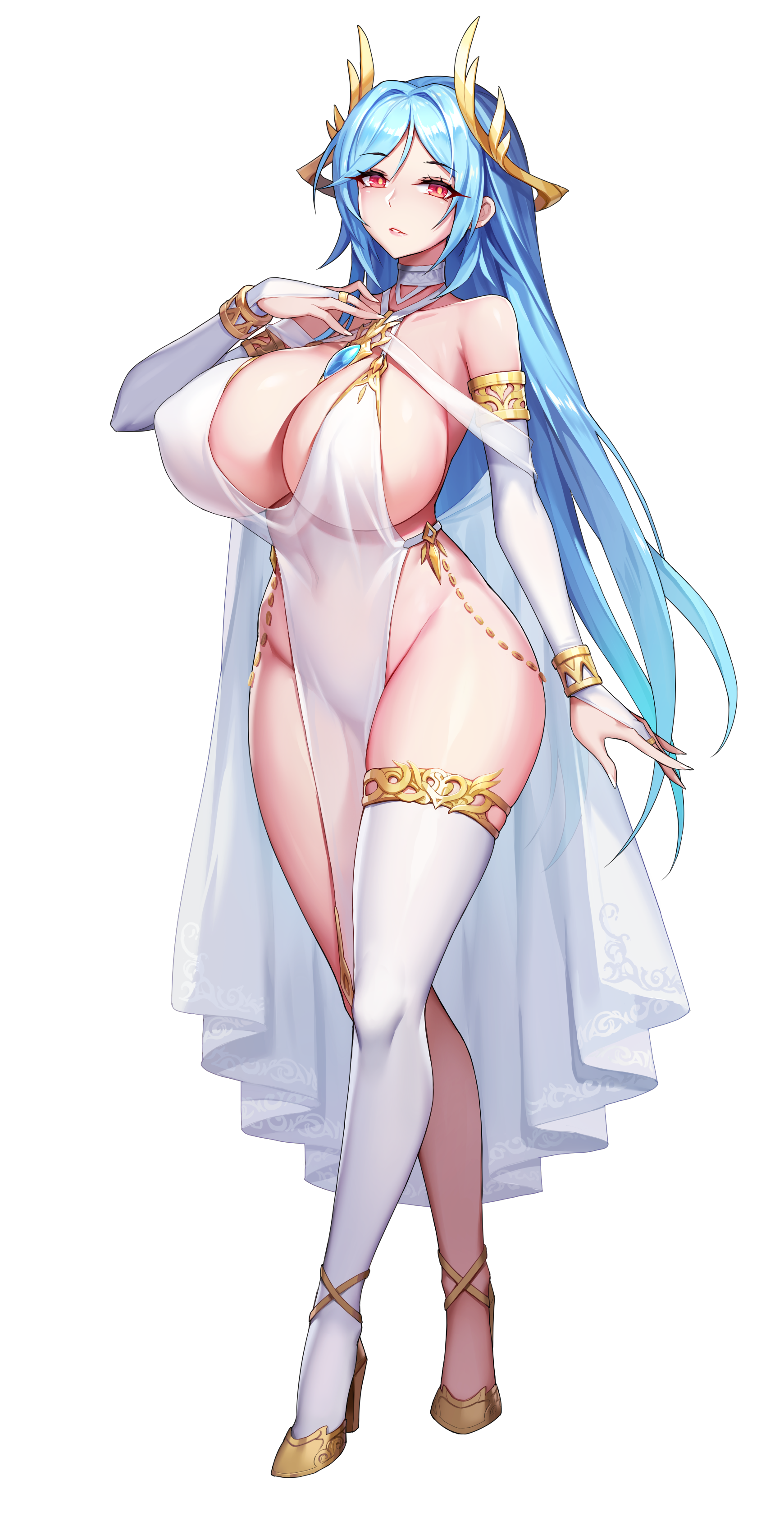 absurd res, bare hips, bare shoulders, blue hair, breasts, bridal gauntlets, cleavage, covered navel, female, female only, high heels, kcccc, large breasts, long hair, orange eyes, pelvic curtain, revealing clothes, see-through, thick thighs, thighhighs