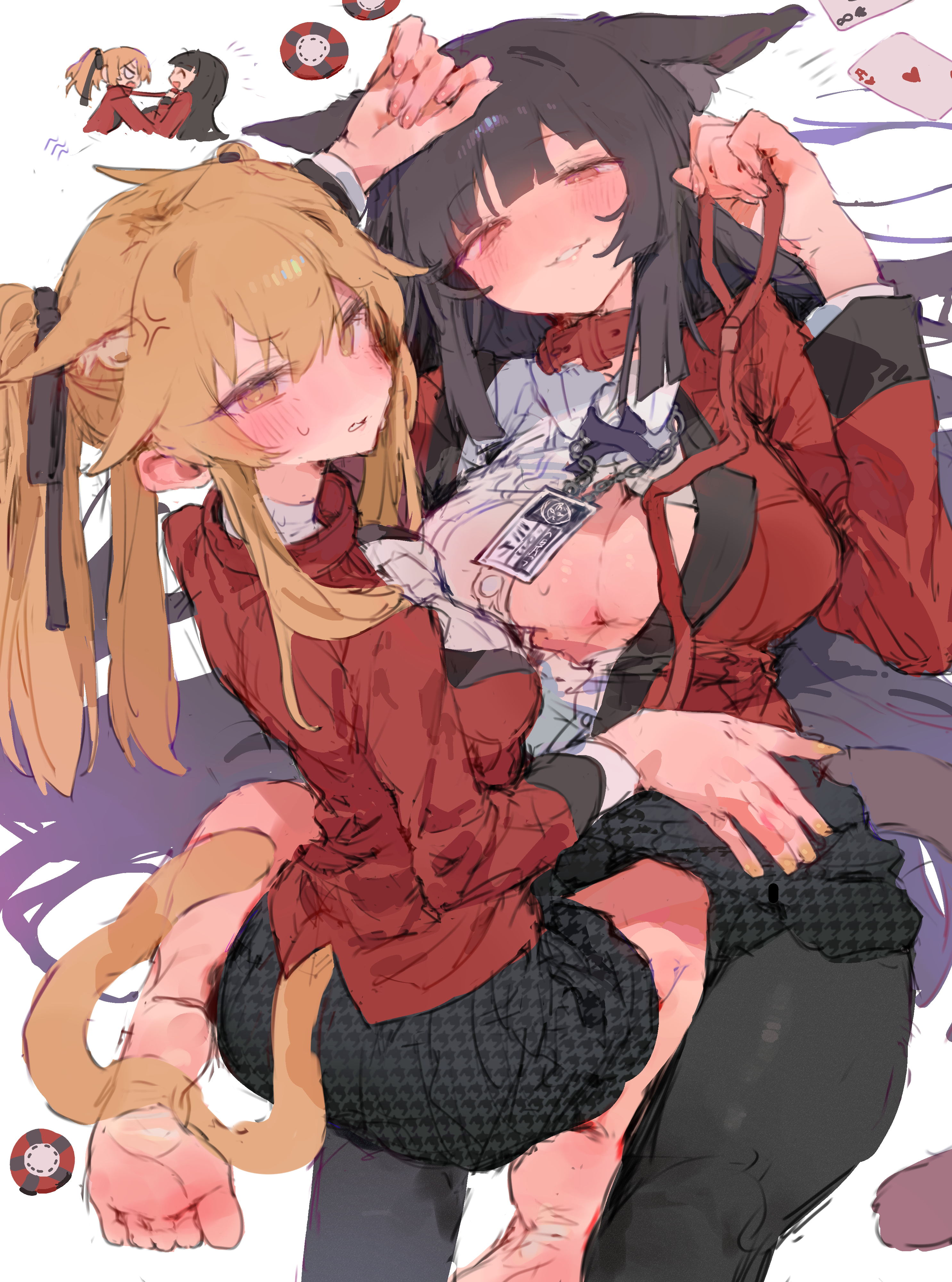 2girls, absurdres, anger vein, angry, animal ears, animal tail, big breasts, black hair, black pantyhose, black skirt, blazer, blonde hair, blunt bangs, blush, breasts, bunchi, card, cat ears, cat girl, cat tail, center opening, cleavage, closed mouth, collar, feet, female, female only, full body, grin, hair between eyes, highres, hime cut, jabami yumeko, jacket, kakegurui, kemonomimi, large breasts, leash, long hair, looking at viewer, medium breasts, multiple females, multiple girls, multiple views, nail polish, open clothes, otintin, painted nails, pantyhose, partially unbuttoned, red collar, red eyes, saotome mary, school uniform, shadow, shirt, skirt, small breasts, smile, sweat, tail, twintails, white background, white shirt, yellow eyes, yellow nails, yuri