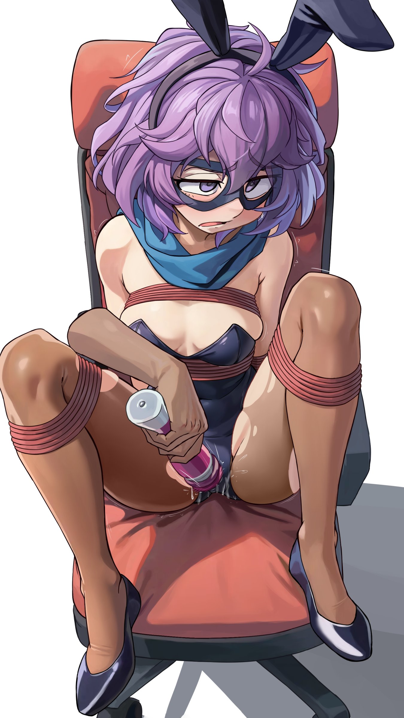 1boy, 1girls, ahe gao, animal ears, arms behind back, bernadetta von varley, blush, bondage, bound to chair, breasts, bunny ears, bunny girl, bunnysuit, chair, drooling, female, female focus, fire emblem, fire emblem: three houses, gm laz, laz gm, male, mask, masked, masked female, moaning, nintendo, open mouth, purple eyes, purple hair, pussy, ripped clothing, short hair, sitting on chair, small breasts, sweat, sweatdrop, thighs, vibrator, vibrator on pussy, wet, wet pussy