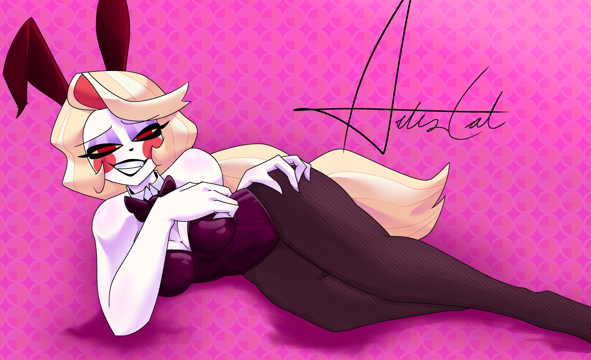 1girls, bedroom eyes, big breasts, blush stickers, breasts, bunny ears, bunnysuit, charlie morningstar (hazbin hotel), demon, demon girl, female, hand on hip, hazbin hotel, leotard, looking at viewer, playboy bunny, smile, solo, tachibanacat