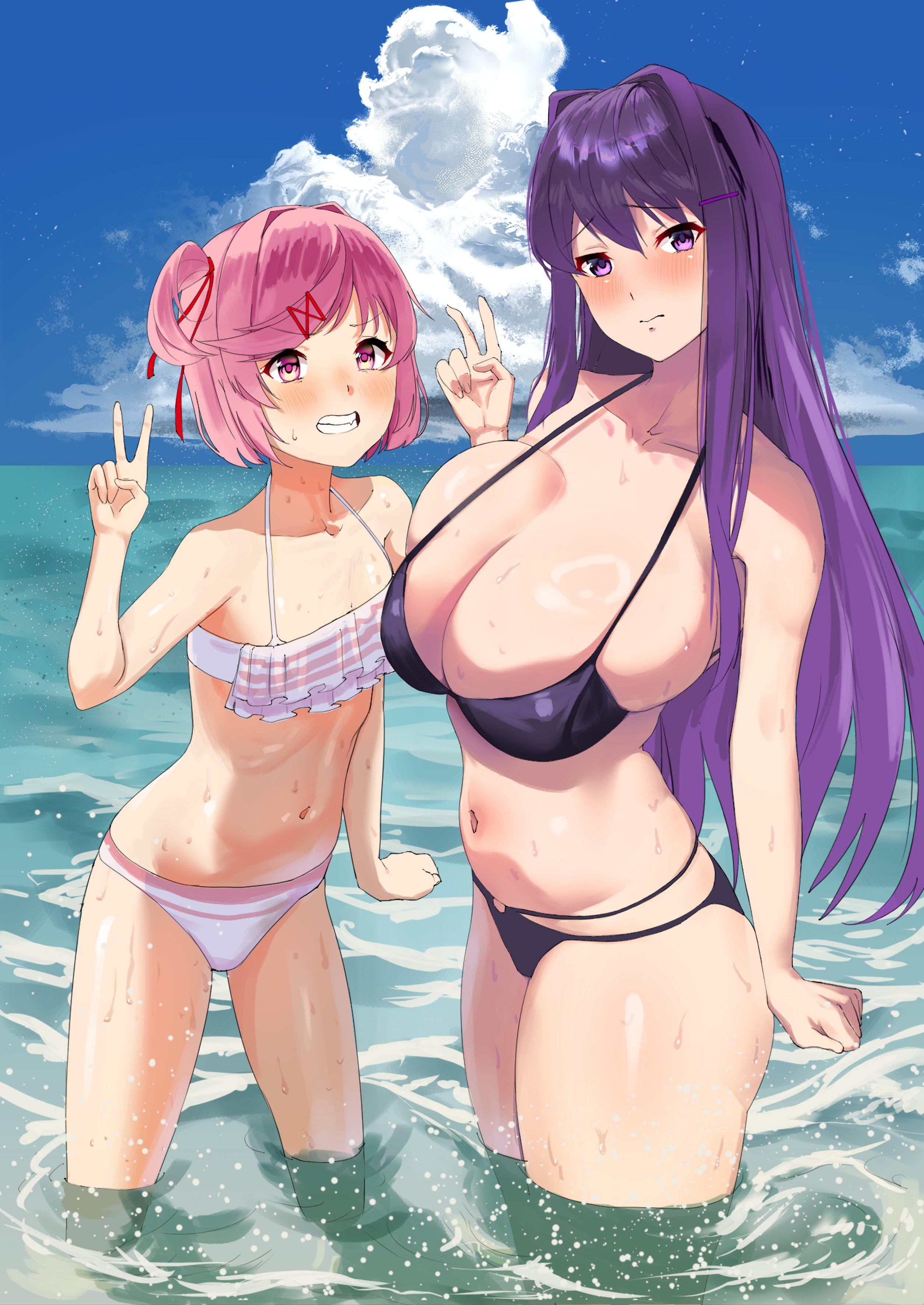 2girls, 5 fingers, big breasts, bikini, breasts, collarbone, doki doki literature club, female, female only, flat chest, flat chested, in water, long hair, multiple females, multiple girls, natsuki (doki doki literature club), pink eyes, pink hair, purple eyes, purple hair, short hair, skindentation, suishi chr (artist), swimsuit, swimwear aside, thighs, water, yuri (doki doki literature club)