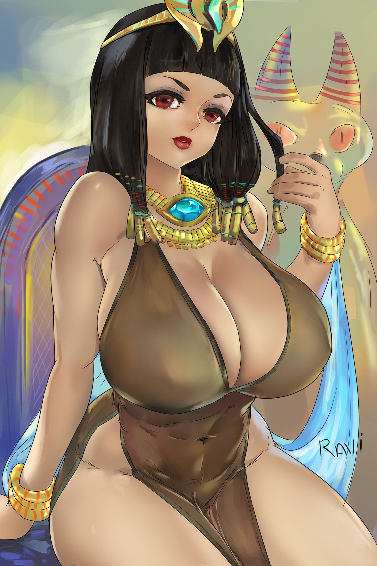 1girls, black hair, breasts, cleavage, cleopatra, dress, egyptian, egyptian female, female, female only, history, huge breasts, ravidart, red eyes, voluptuous