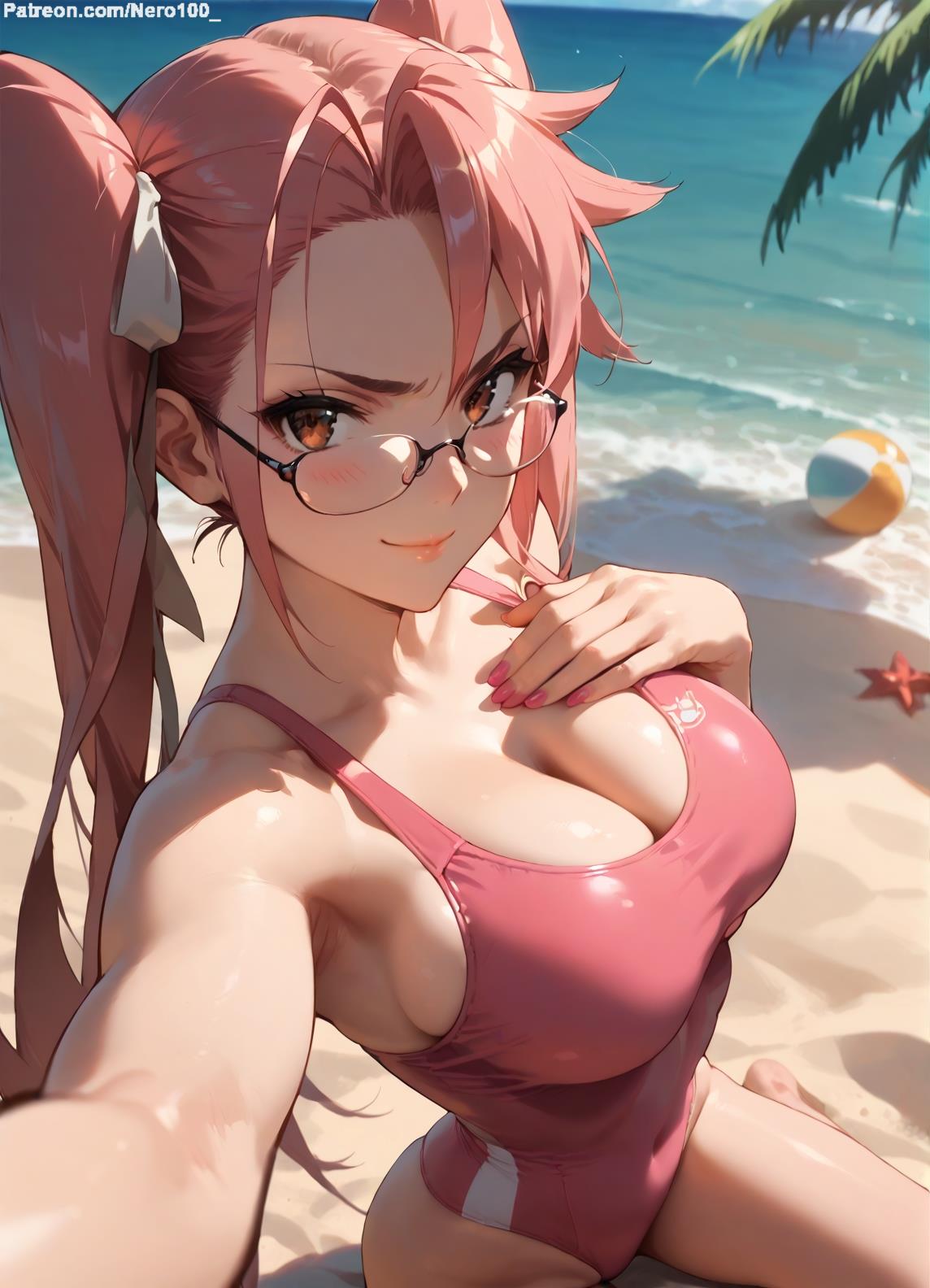 1girls, 2d, ai generated, ass, athletic, athletic female, bare shoulders, beach, belly, big breasts, breasts, chest, cleavage, curvy, curvy figure, cute, cute face, detailed, eyelashes, eyeshadow, female, female focus, female only, fit, fit female, focus, from above, glasses, high quality, high-angle view, highschool of the dead, hips, huge breasts, large breasts, legs, light skin, light-skinned female, lips, lipstick, looking at viewer, makeup, mascara, midriff, navel, one-piece swimsuit, orange eyes, outdoors, pale skin, pale-skinned female, pink hair, posing, sagging breasts, saya takagi, seductive, seductive look, selfie, stable diffusion, swimsuit, swimwear, thick thighs, thighs, twintails, wide hips, yellow eyes