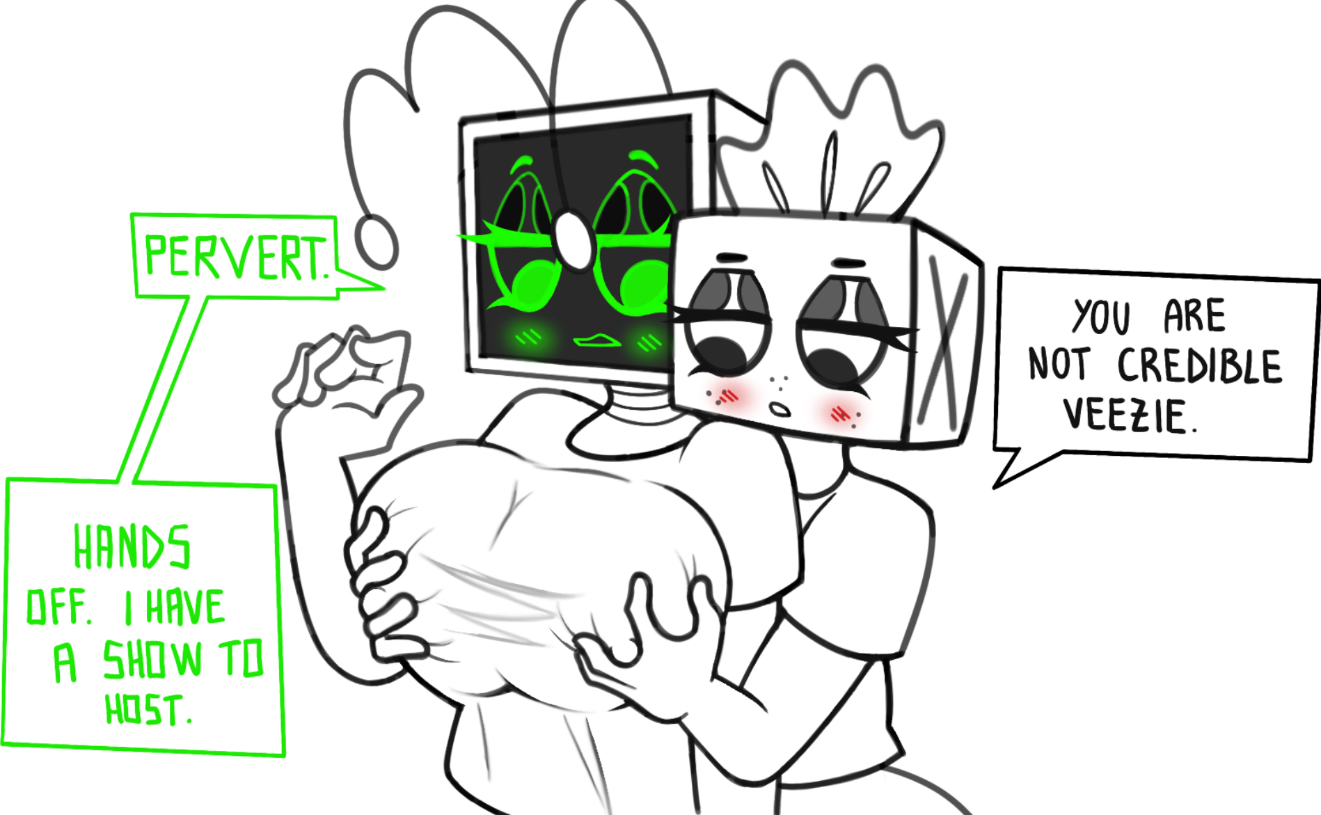 2girls, annoyed, big breasts, breasts, dandy's world, female, fondling, fondling breast, girl focus, grabbing from behind, green eyes, huge breasts, lesbian couple, roblox, screen face, stregaz173341, tease, teasing, tisha (dandy's world), tissue box, tv head, tv screen, vee (dandy's world), yuri