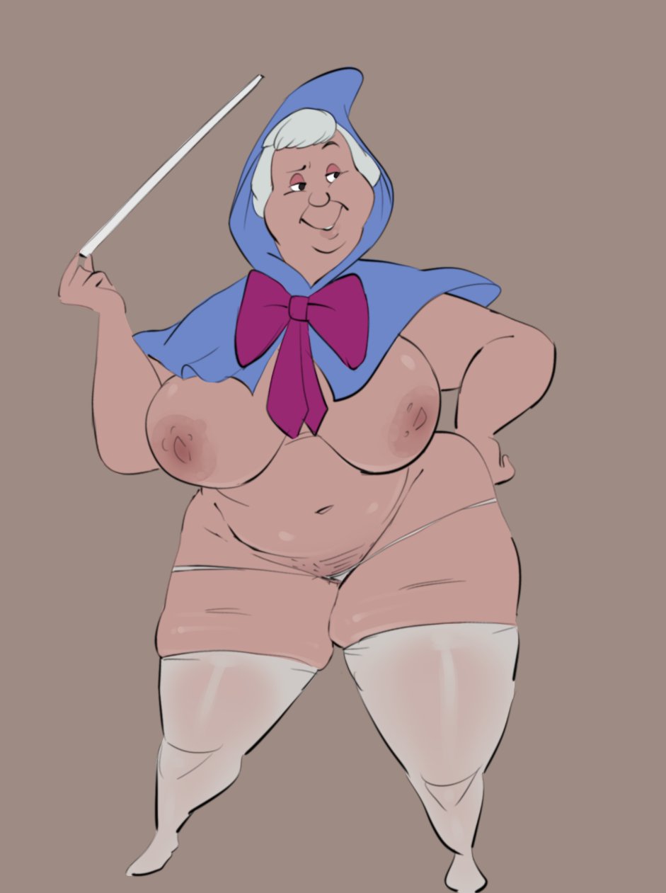 1girls, big breasts, breasts, cinderella (1950 film), disney, fairy godmother (disney), female, gilf, light skin, light-skinned female, mature, mature female, nasolabial folds, older female, pokachu (artist), thick thighs
