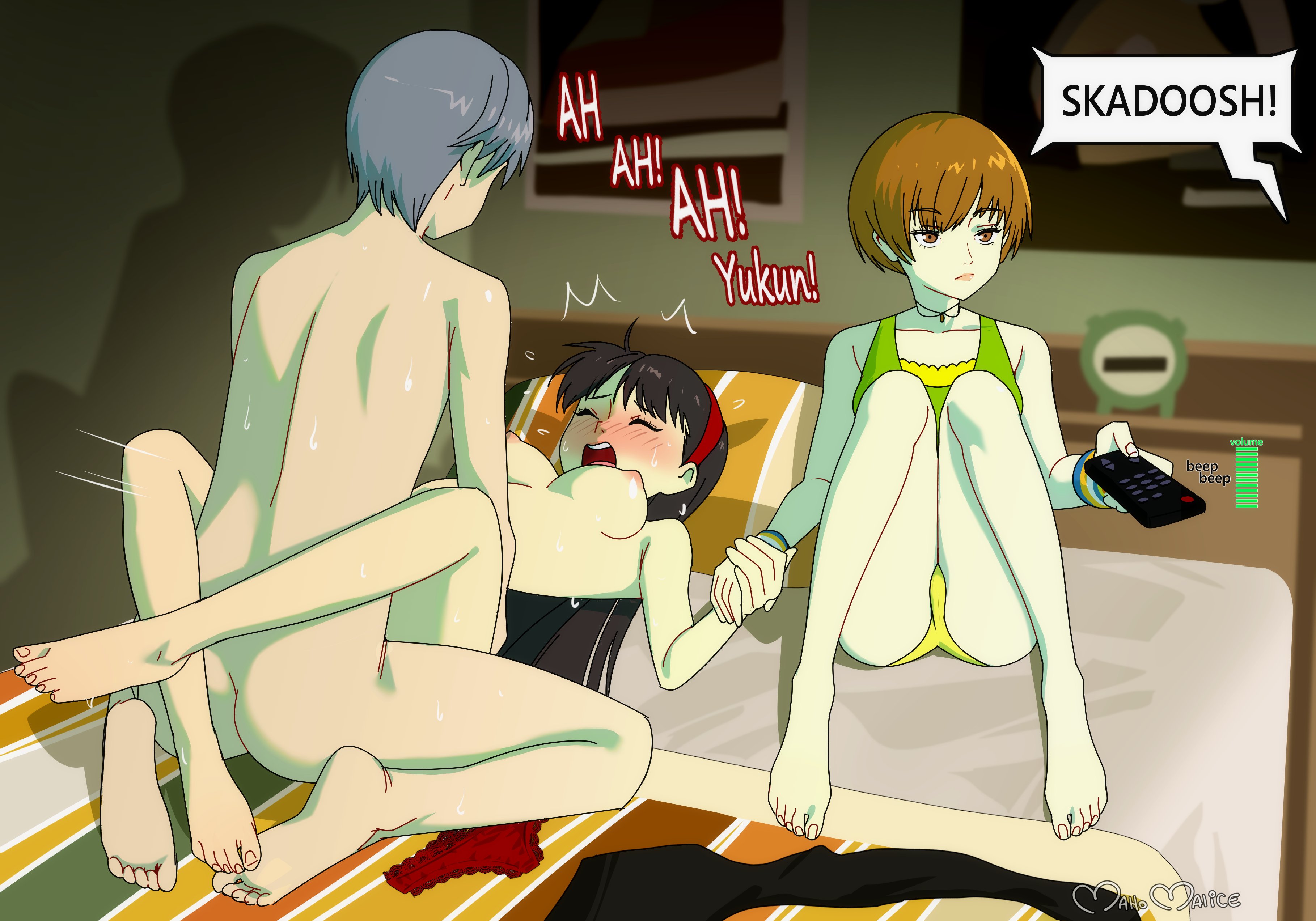 1boy, 2girls, amagi yukiko, black hair, cuckquean, english text, feet, female, funny, hairband, hairband only, holding hands, kung fu panda, maho malice, male, meme, missionary position, missionary sex, myahogao, naked, narukami yu, on bed, orgasm, orgasm face, panties, panties removed, persona, persona 4, red panties, remote control, removed clothing, satonaka chie, screaming, sex, sweat, text, third wheel, underwear, unworn panties, watching tv