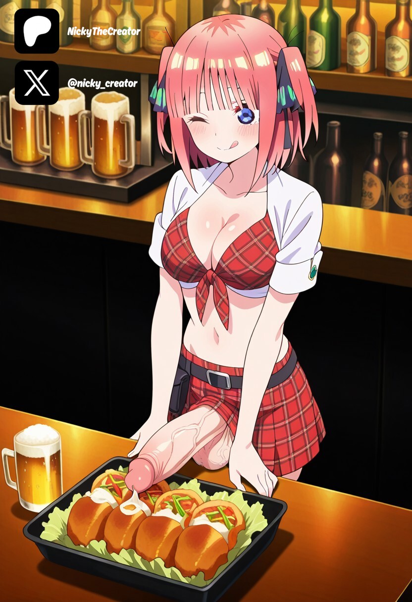 1futa, ai generated, balls, beer, breasts, cock, colored, cum on food, cumming on food, dick, erection, female, futa only, futa/female, futanari, go-toubun no hanayome, intersex, light skin, light-skinned futa, nakano nino, nickythecreator, penis, pink hair, sexy, sexy body, sexy pose, short hair, testicles, uncensored, veiny penis, violet eyes