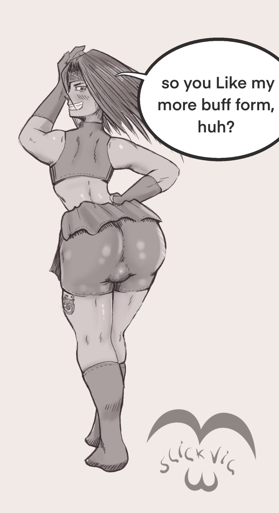 1boy, 2024, ass, bike shorts, bulge, bulge from behind, english text, envy (fullmetal alchemist), femboy, fullmetal alchemist, long hair, male, slickvic, speech bubble, spiky hair, tight clothing
