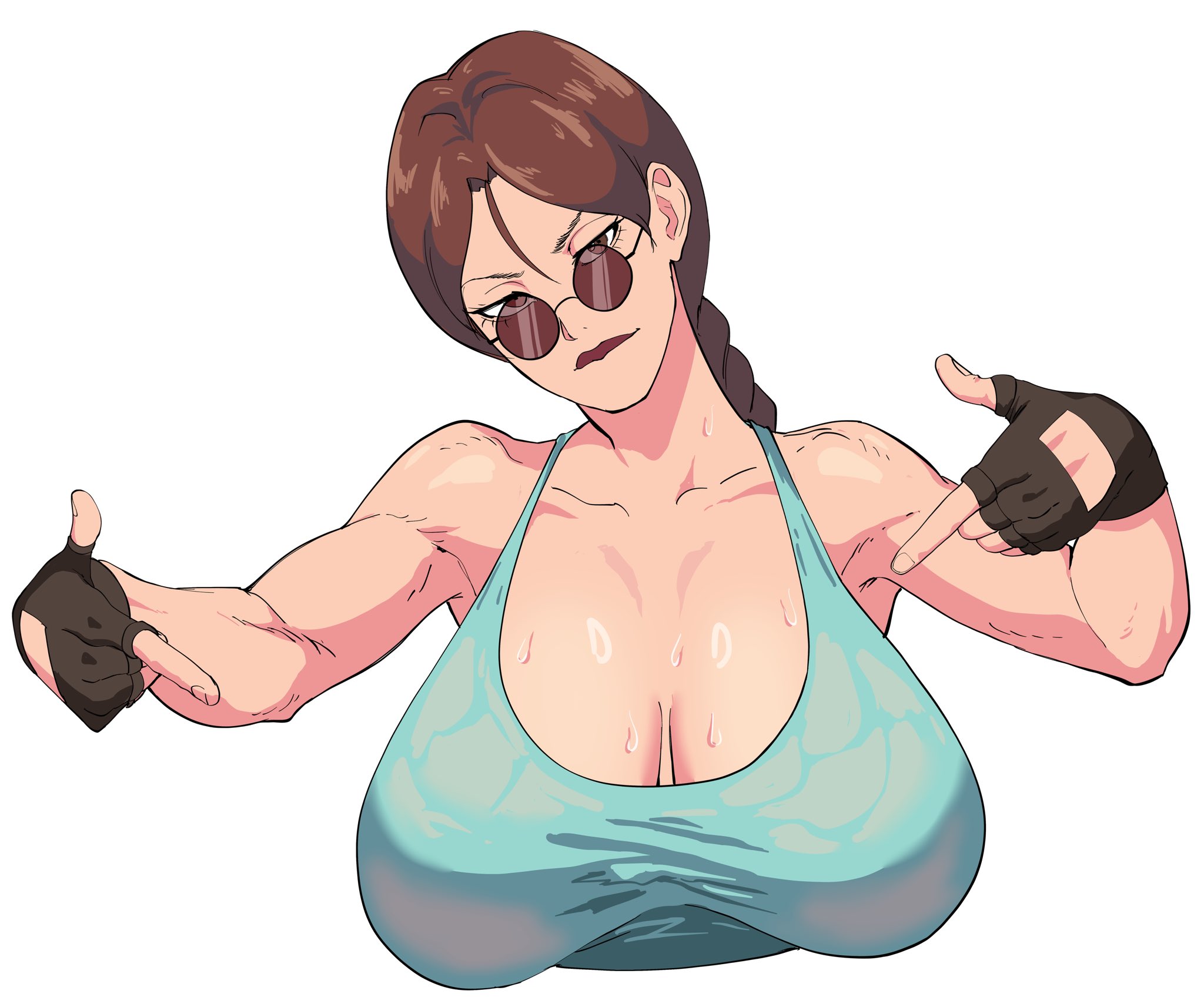 1girls, big breasts, breasts, busty, female, female only, huge breasts, lara croft, lara croft (classic), large breasts, looking at viewer, no bra, octavius dp, solo, sunglasses, sweat, sweaty body, sweaty breasts, tinted eyewear, tomb raider, tomb raider (classic), wet, wet clothes