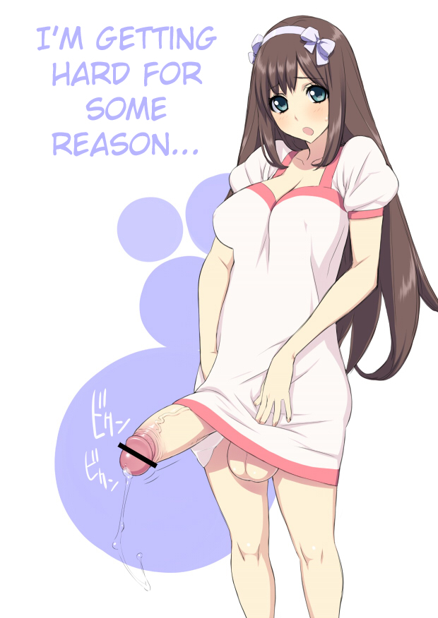 1futa, balls, blouse, blush, breasts, brown hair, censored, chubby, erect nipples, erection, erection under clothes, erection under skirt, foreskin, futa only, futanari, green eyes, hairband, hard translated, huge balls, huge penis, intersex, large breasts, legs, long hair, nipple bulge, nipples, no panties, penis, penis in panties, penis under skirt, precum, precum drip, skirt, skirt lift, solo futa, translated, uncircumcised, uno makoto