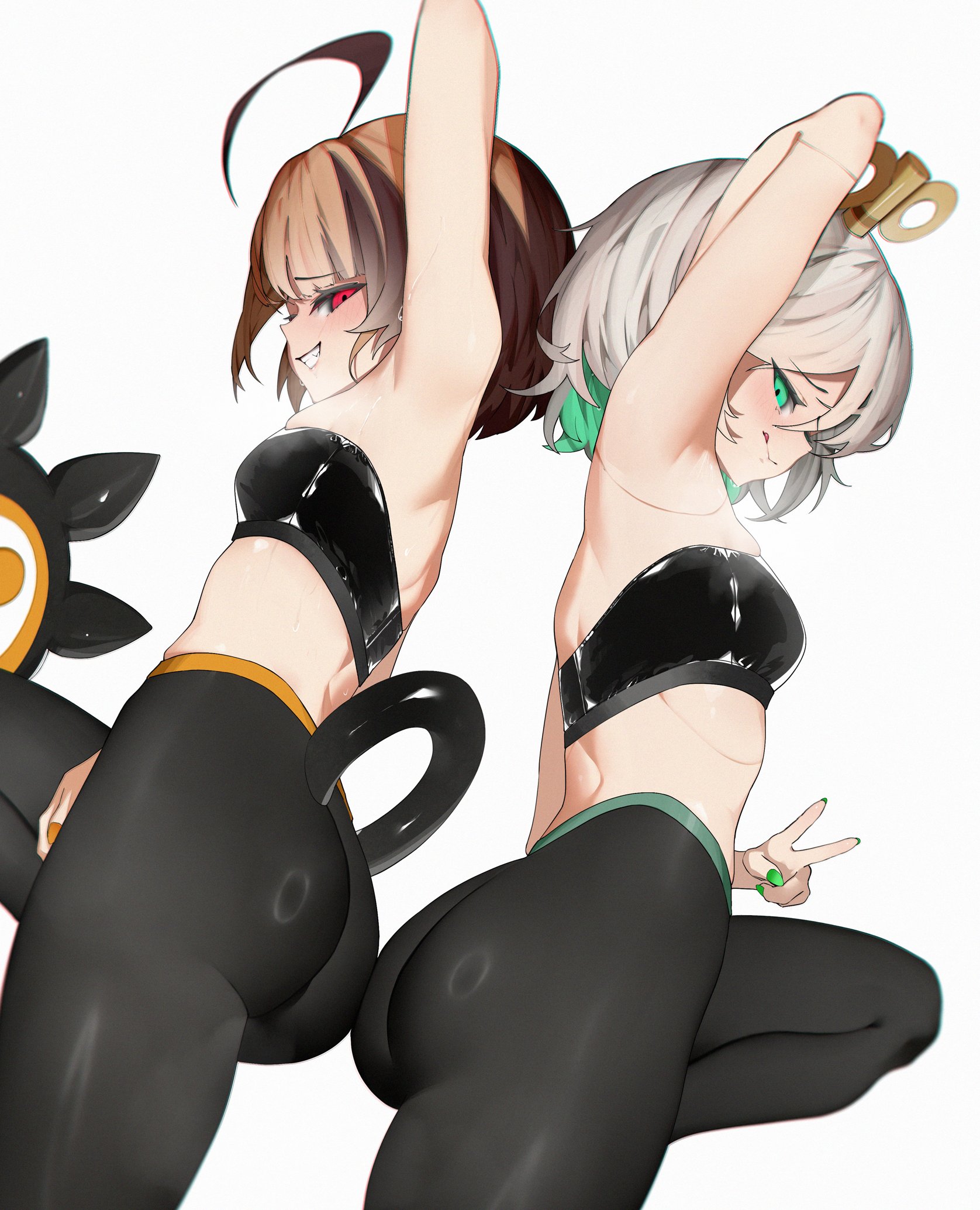 2d, 2girls, ahoge, armpits, arms up, ass, black leggings, breasts, brown hair, cecilia immergreen, female, female only, gigi murin, green eyes, green hair, green nails, grin, hololive, hololive english, hololive english -justice-, leggings, legs, looking at viewer, multicolored hair, nail polish, pink eyes, rieko, simple background, small breasts, tail, thighs, virtual youtuber, white background, white hair