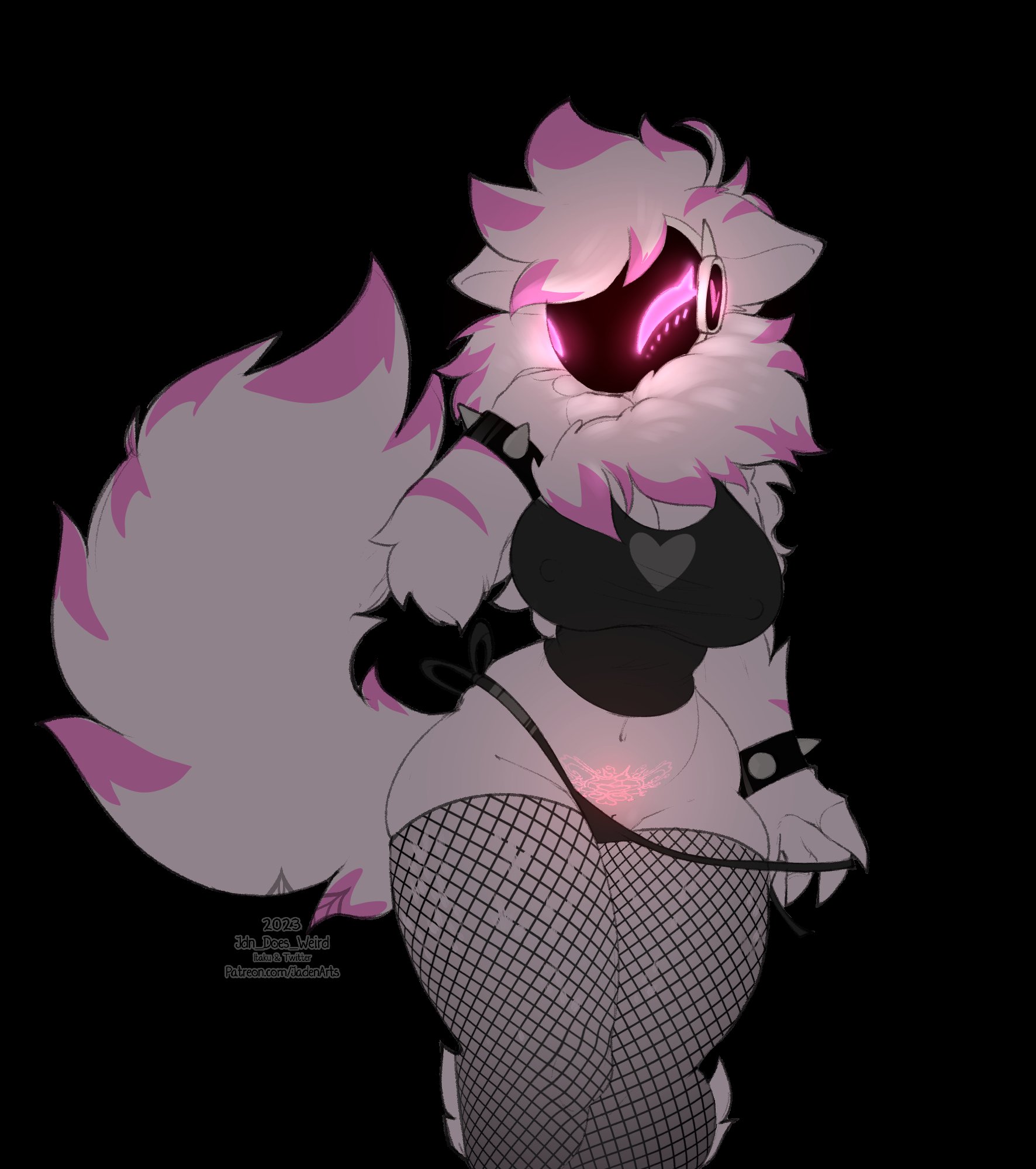 2023, anthro, breasts, cleavage, clothing, female, female focus, female only, fishnet legwear, fishnets, furry, furry female, furry only, heart, jadenarts, legwear, nipple bulge, nipples visible through clothing, protogen, protogen visor, puffy pussy, pussy, pussy peek, slightly chubby, solo, solo female, solo focus, tail, tank top, tattoo, teasing, thick thighs, thighs, underwear, white body, white fur, white hair, wide hips, womb tattoo