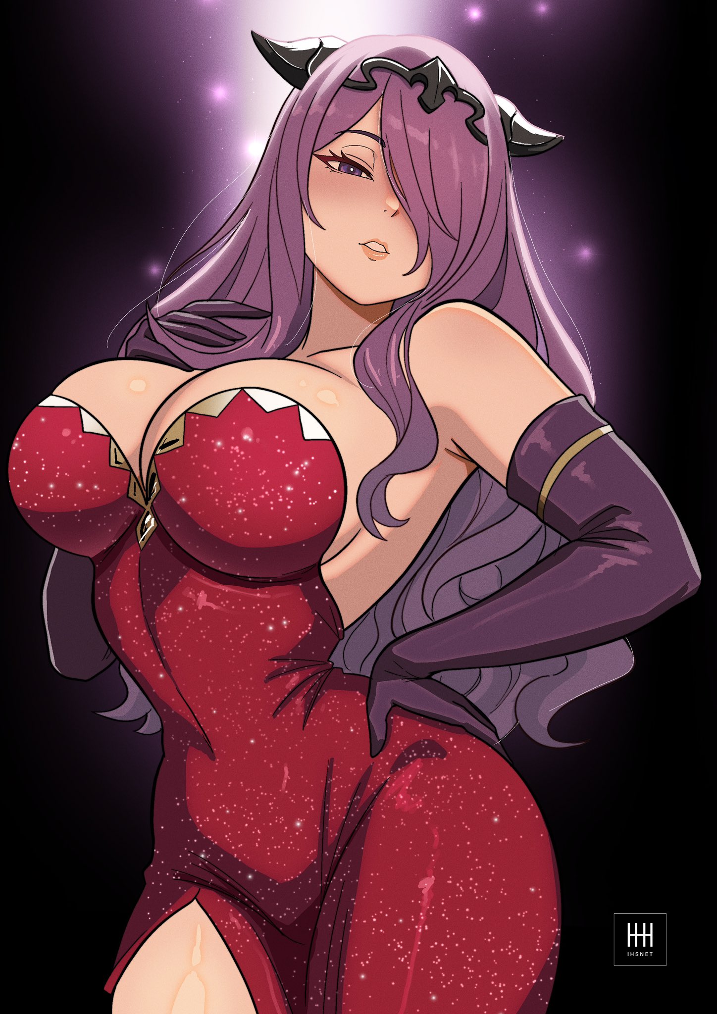 1girls, breasts, camilla (fire emblem), dress, female, fire emblem, fire emblem fates, gloves, hair over one eye, hand on hip, ihsnet, large breasts, looking at viewer, nintendo, purple eyes, purple gloves, purple hair, red dress, thick thighs, thighs, wide hips