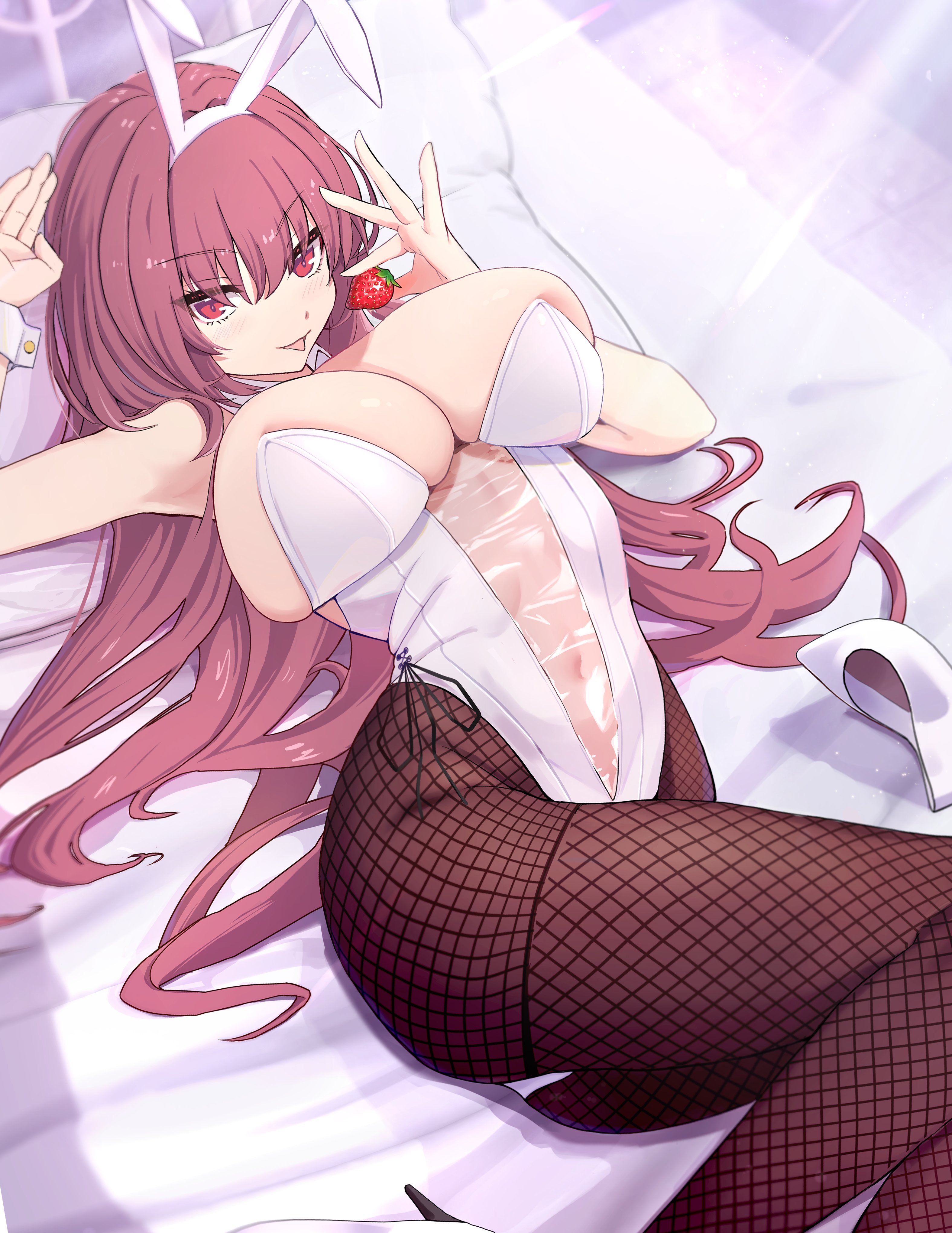 absurdres, alternate breast size (larger), animal ears, areola slip, breasts, brown hair, brown pantyhose, commentary request, covered navel, detached collar, fake animal ears, fate (series), fate/grand order, female, fishnet pantyhose, fishnets, food, fruit, highleg, highleg leotard, highres, holding, holding food, holding fruit, huge breasts, leotard, long hair, lying, notonaon, on back, on bed, pantyhose, playboy bunny, rabbit ears, red eyes, scathach (fate), solo, strapless, strapless leotard, strawberry, tongue, tongue out, translucent bunnysuit, white leotard, wrist cuffs