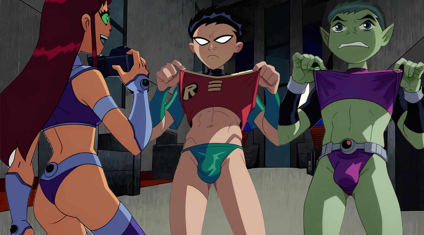 ai assisted, ai generated, beast boy, bikini, briefs, dc, dc comics, dick grayson, embarrassed, embarrassed underwear male, embarrassing, embarrassing outfit, female, femdom, male, robin (dc), robin (dick grayson), robin (teen titans), starfire, teen titans, underwear, undieboi22