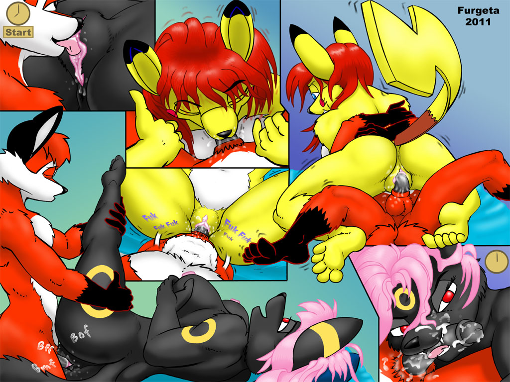 2011 big_breasts breasts canine dialogue eeveelution english_text female fox fur furgeta furry_ears furry_tail hair male nintendo penis pikachu pink_hair pokemon pokemon_(species) pussy red_eyes sex straight tail text umbreon