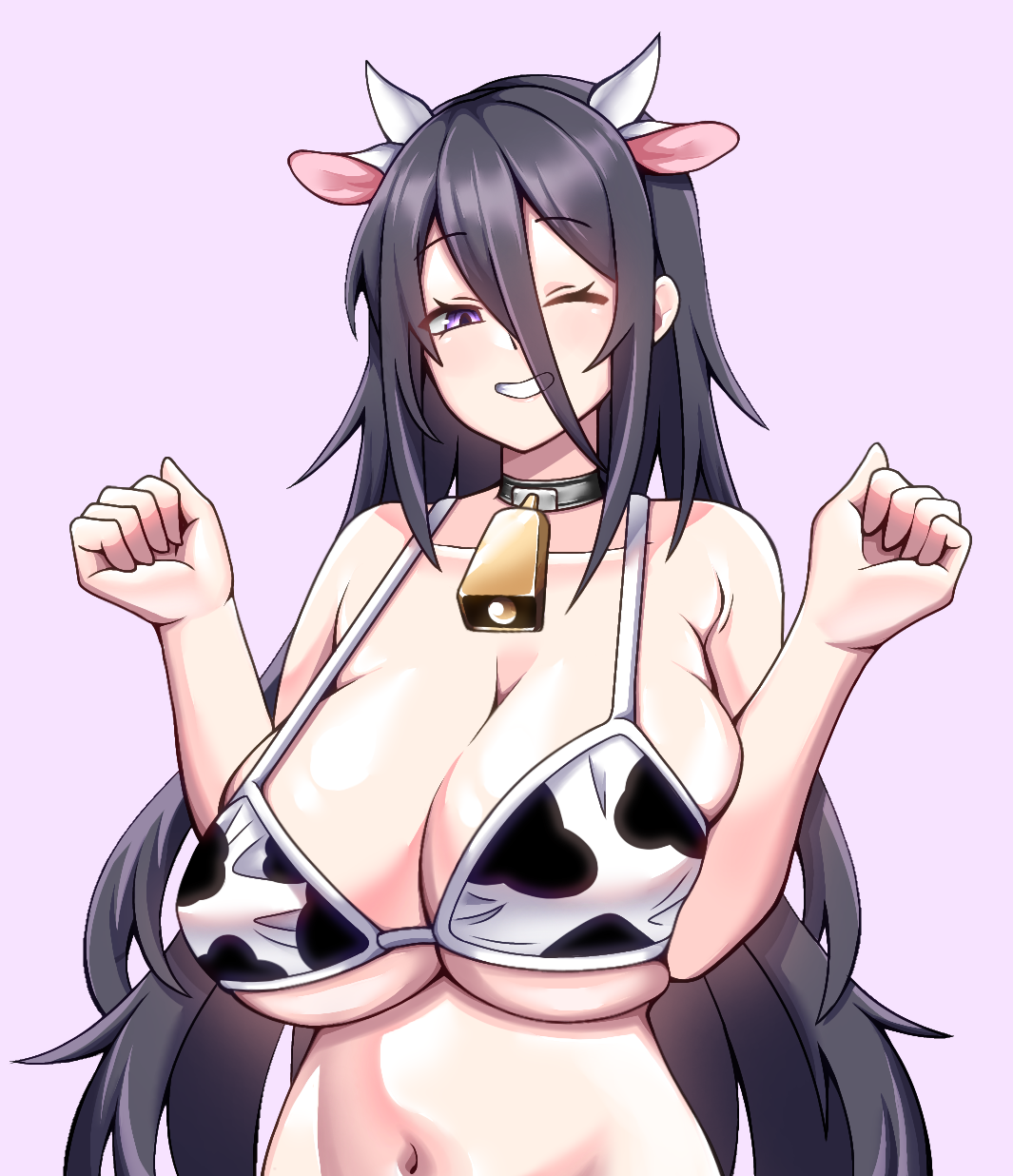 1girls, big breasts, breasts, cleavage, cow ears, cow print, cowbell, cowbell collar, deepwoken, duo progressing but she's my master, female, female only, grin, large breasts, looking at viewer, misumi (dpbsmm), niru art, pressing breasts together, roblox, roblox game, solo, stomach, tagme