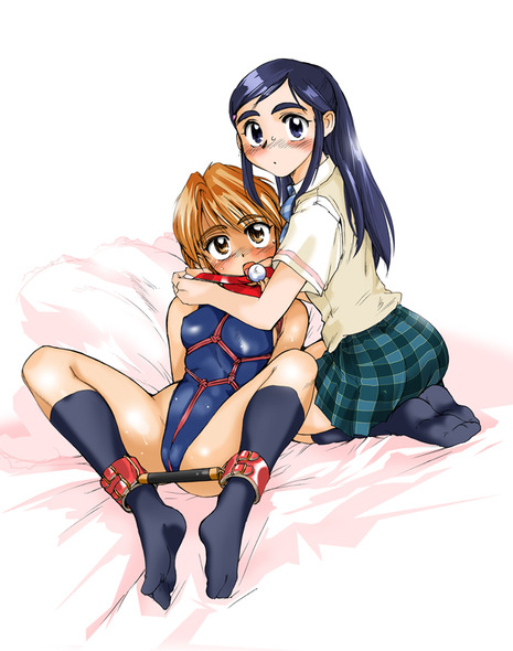 2girls ass ball_gag blush bondage clothing ez6 female futari_wa_precure gag misumi_nagisa multiple_girls one-piece_swimsuit precure pretty_cure putting_on_gag rope school_uniform schoolgirl skirt small_breasts socks swimsuit ungagged yukishiro_honoka yuri