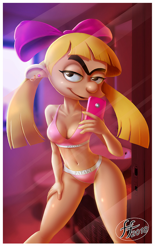 14-bis 1girls 2018 bathroom blonde blonde_hair bow bra breasts cleavage ear_piercing earrings female hair hairbow helga_pataki hey_arnold! human human_only nickelodeon panties pink_bra pink_panties pink_underwear selfie smartphone smile solo teen teenager underwear unibrow