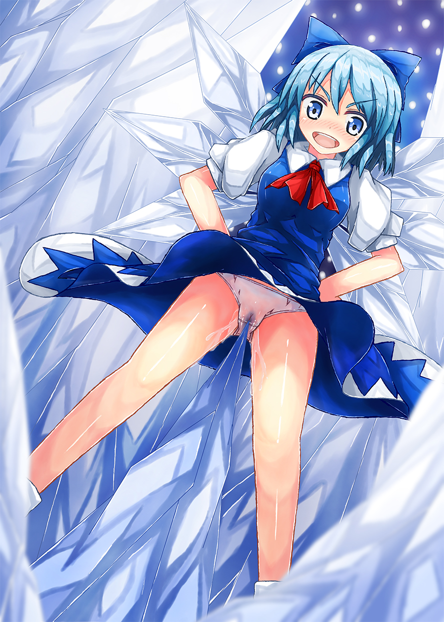 90i blue_eyes blue_hair blush bow cameltoe cirno dress from_below hands_on_hips highres ice ice_wings panties pantyshot pussy_juice pussy_juice_drip pussy_juice_stain see-through solo spike touhou underwear upskirt wet_panties white_panties wings