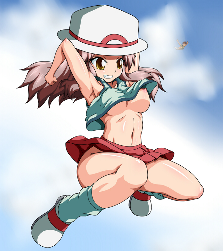 breasts, brock (pokemon), brown eyes, clenched teeth, female, hat, human, human only, leaf (pokemon), long hair, midriff, navel, nipple slip, nipples, no bra, ossannoa, pokemon, pokemon frlg, pokemon rgby, skirt, smile