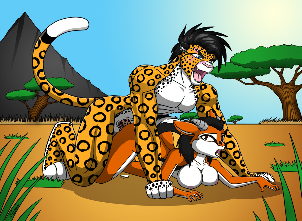 anthro duo feline female fur furry gazelle hunter hunting jaguar kenya male mammal penis predator/prey prey pussy safari saillestraife savannah sex stalking straight