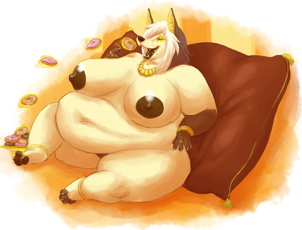 anklet big_breasts bracelet breasts canine chubby doughnut dripdry eating female gold herro jackal jewelry morbidly_obese necklace nude obese overweight pillow ring toe_ring