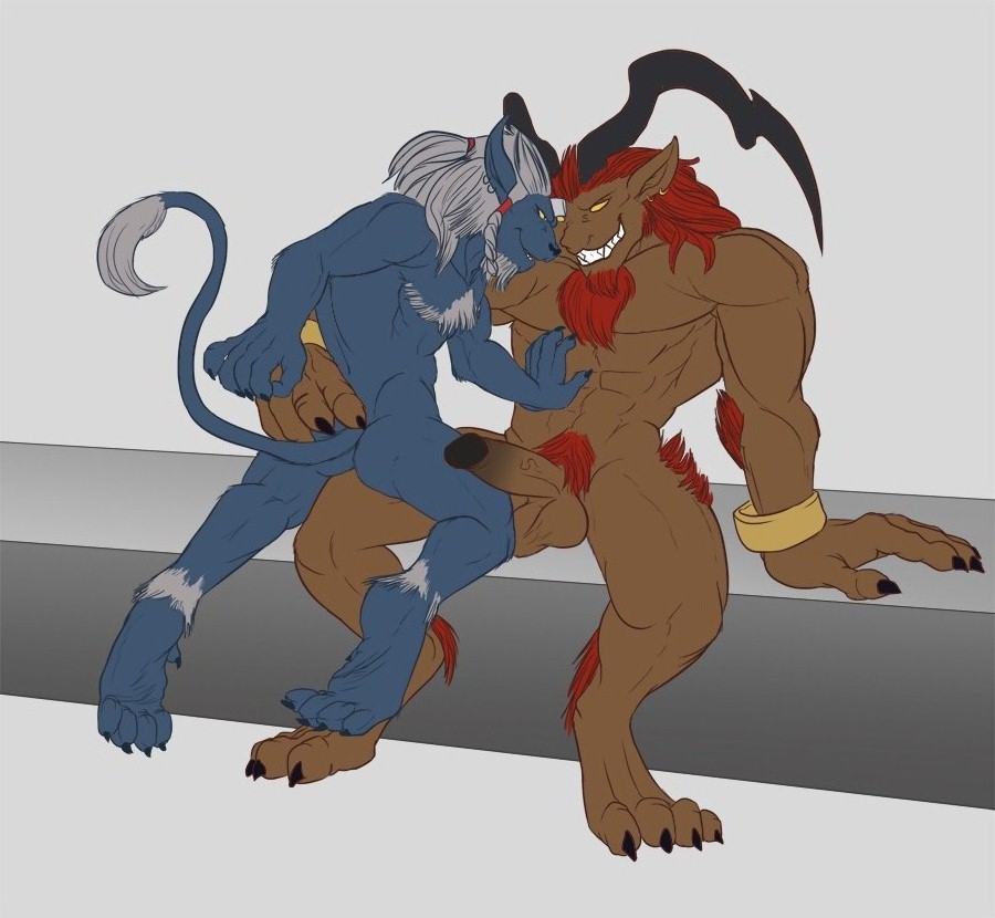 anthro balls erection feline final_fantasy final_fantasy_x fur furry gay hindpaw horn ifrit ifrit_(final_fantasy) kimahri male male_only muscles paws penis ronso spelunker_sal yaoi