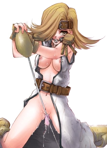 1girls ball_gag belt blonde_hair boku_to_maou boots breasts crotch_rub dildo female gloves hair_over_one_eyes kneeling masturbation navel nipple_slip nipples no_bra no_panties okage_shadow_king open_clothes pussy_juice rosaly rosalyn saliva short_hair solo spread_legs sweat sword tear thighs weapon wet_pussy