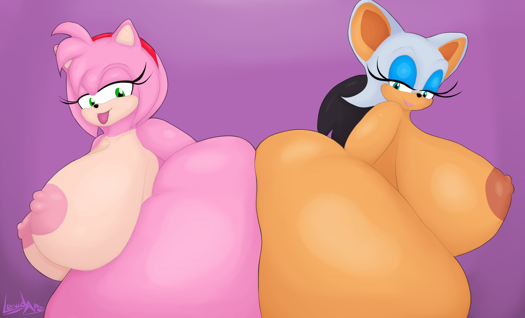 2girls, 2women, amy rose, anthro, ass, ass bigger than head, ass bigger than torso, ass focus, ass to ass, bbw, big ass, big breasts, big nipples, big thighs, boobs and butt pose, boobs bigger than head, breasts, butt focus, butt to butt, butt touch, huge ass, huge breasts, lewdape, mobian (species), mobian bat, mobian hedgehog, nipples, rouge the bat, shortstack, smirk, smirking, smothering, smothering ass, smug, smug face, smug grin, sonic (series), sonic the hedgehog (series), tongue out